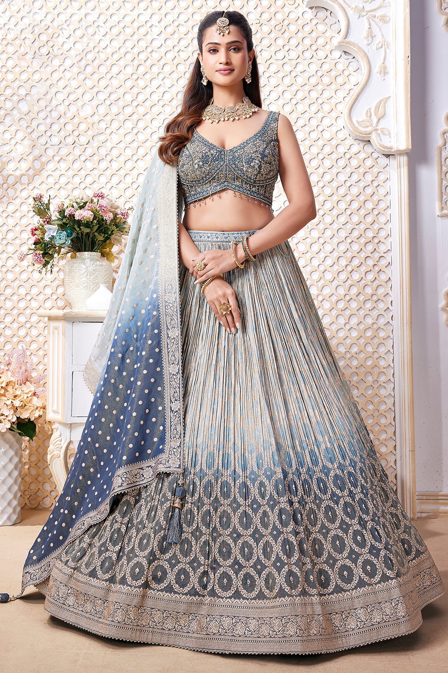 Blue Ombre Tissue Woven Lehenga - Image 3