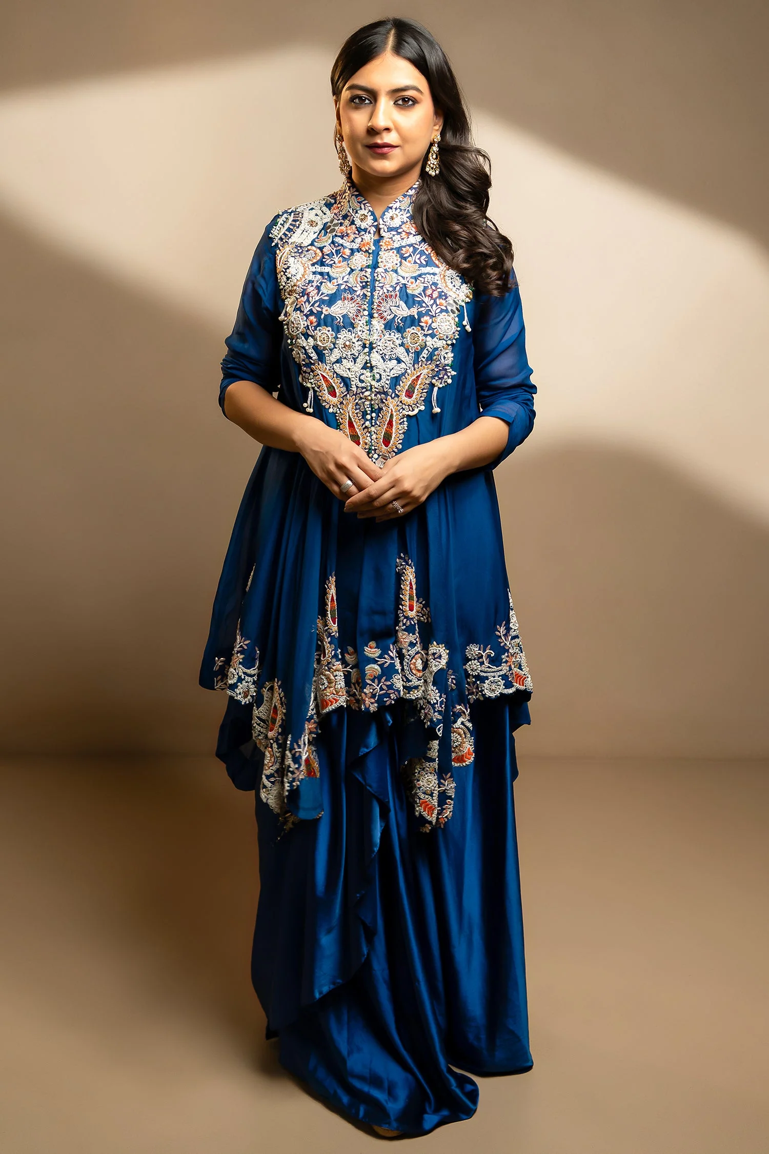 Blue Organza Handworked Bodice Asymmetrical Skirt Set - Image 3