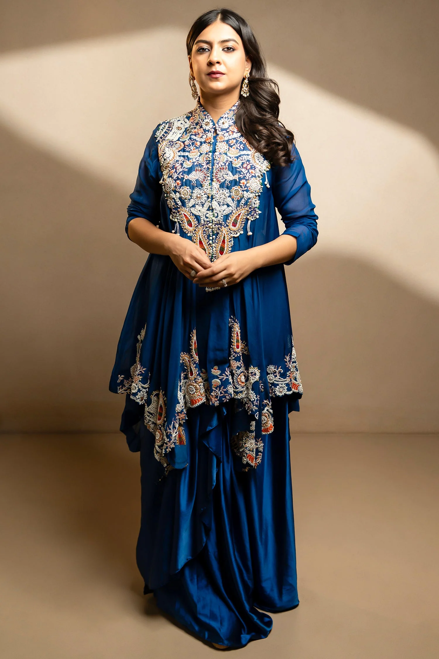 Blue Organza Handworked Bodice Asymmetrical Skirt Set - Image 4