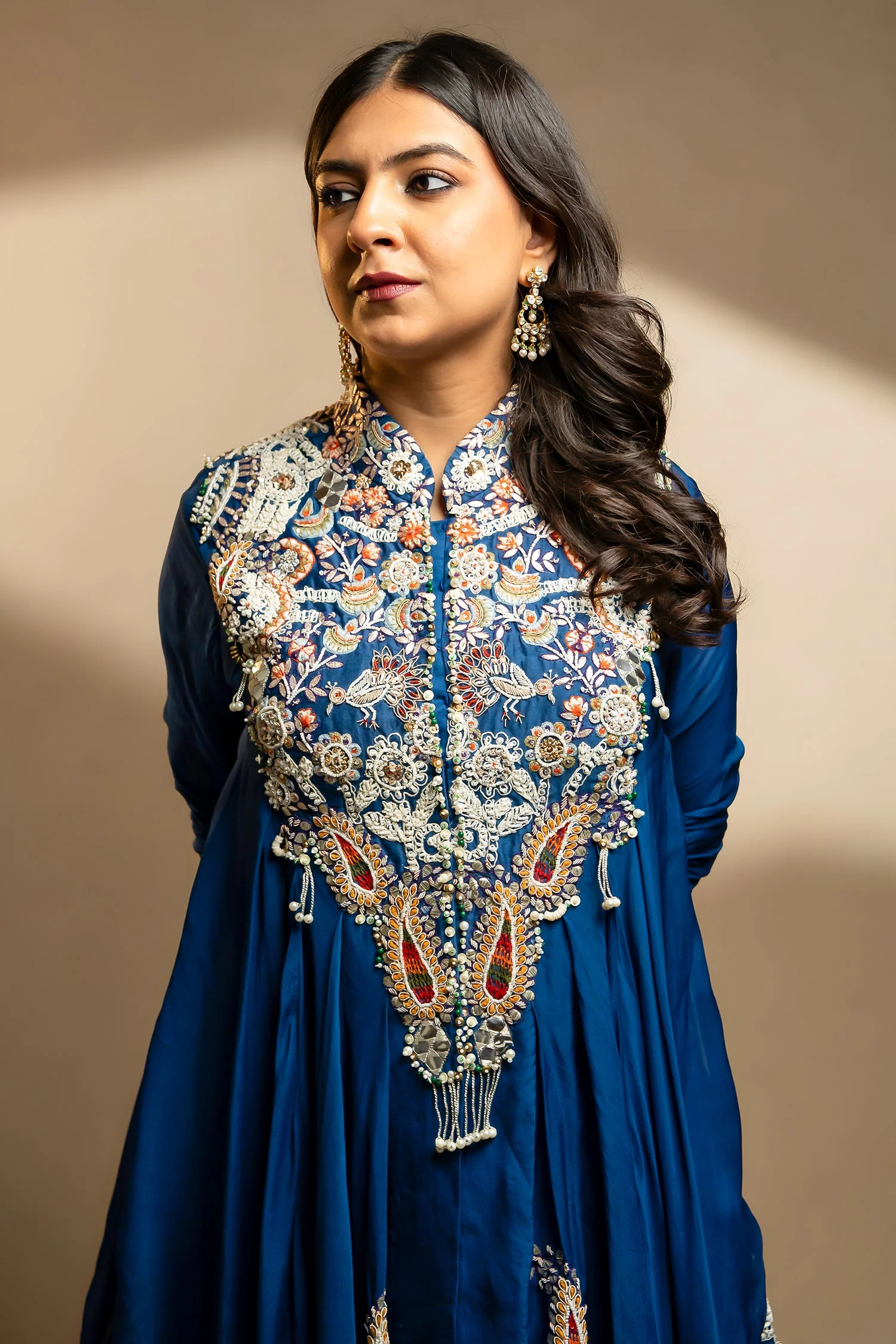 Blue Organza Handworked Bodice Asymmetrical Skirt Set - Image 7