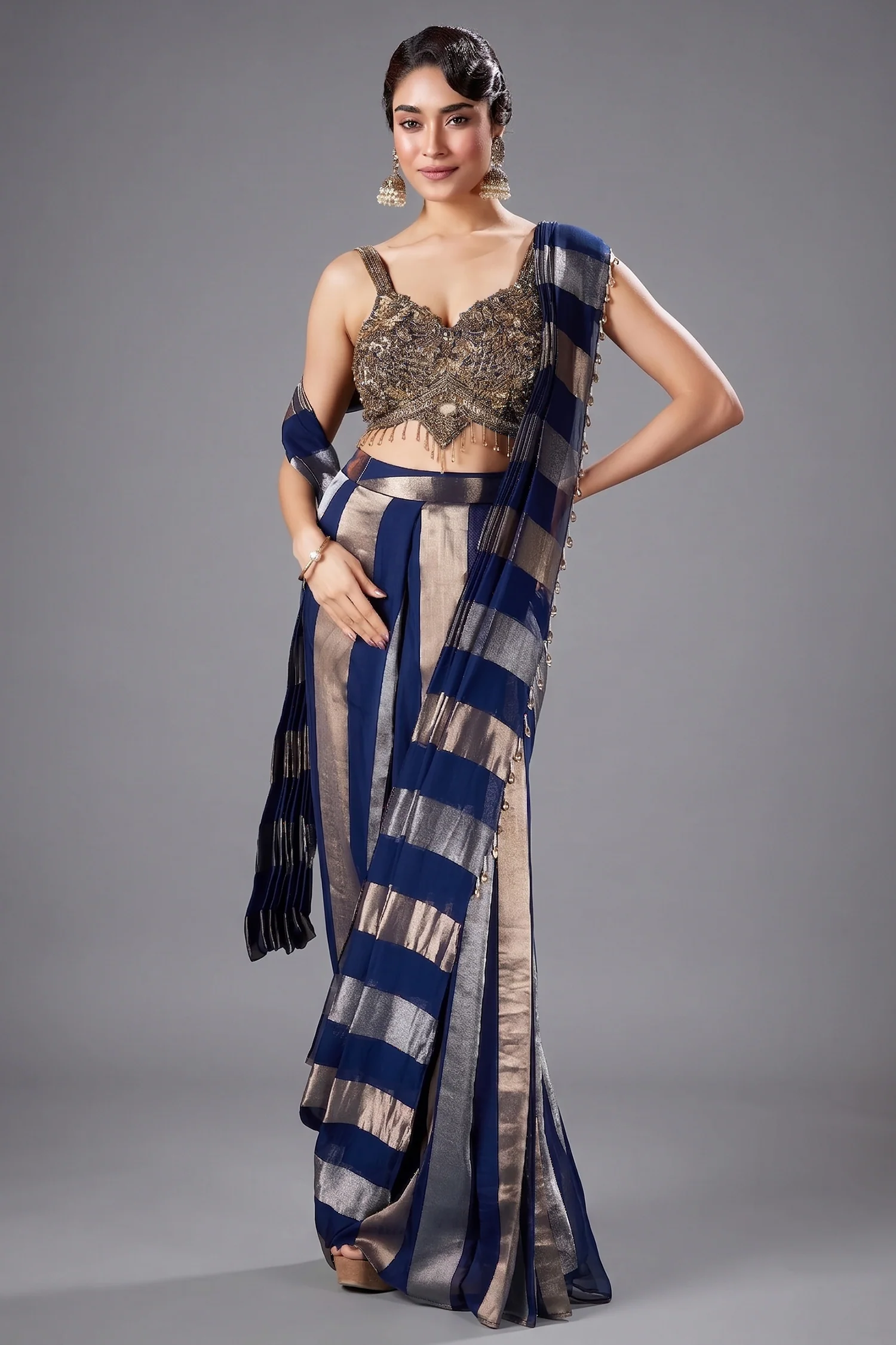 Blue Organza Pre Draped Saree with Bead Work Blouse