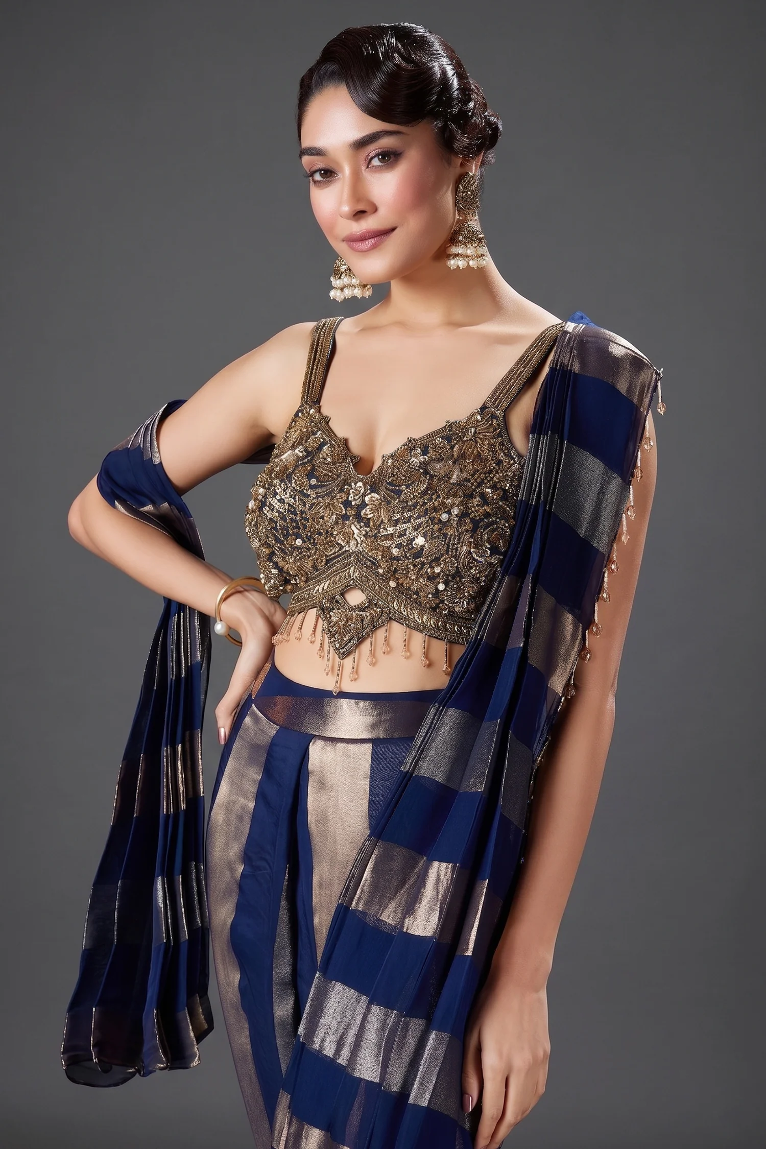 Blue Organza Pre Draped Saree with Bead Work Blouse - Image 2