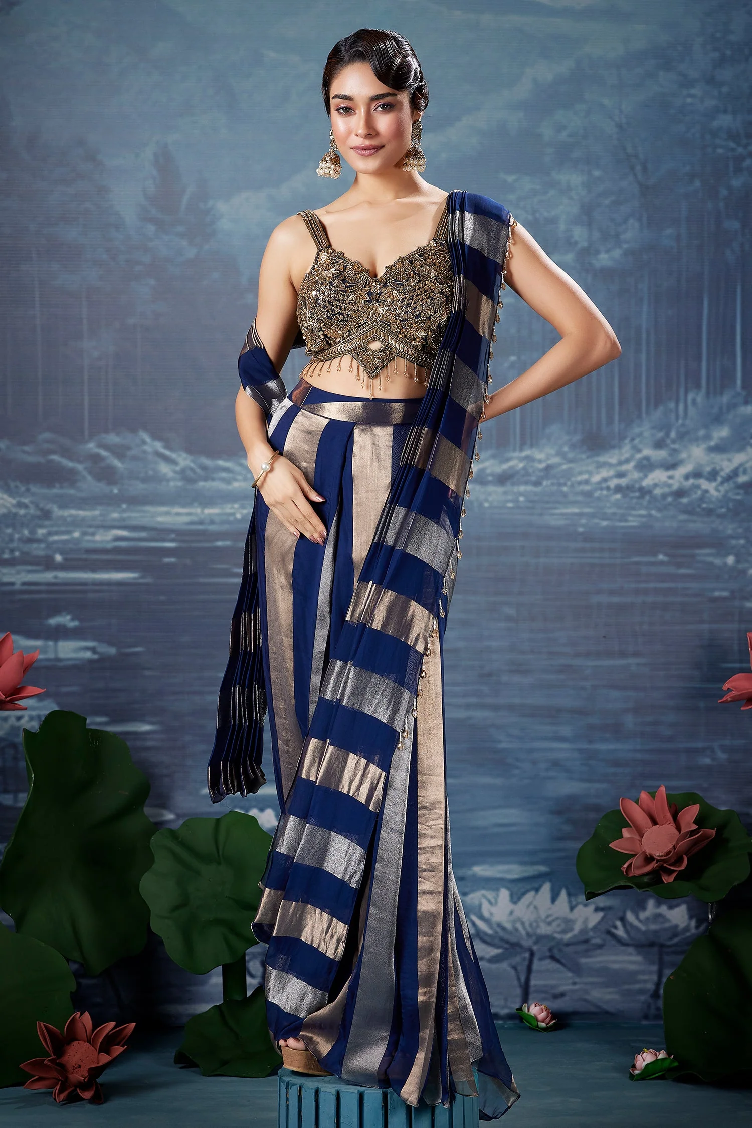 Blue Organza Pre Draped Saree with Bead Work Blouse - Image 3