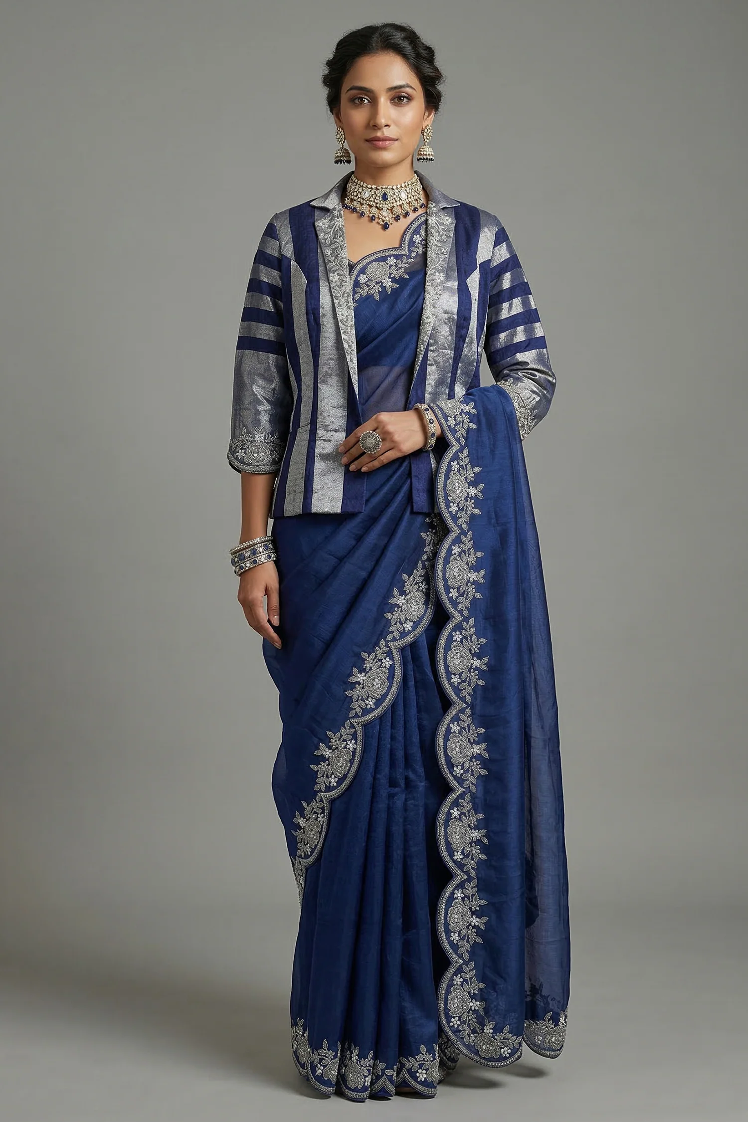 Blue Organza Solid Saree with Scalloped Zardosi Cutdana Worked Border and jacket-style Readymade Blouse