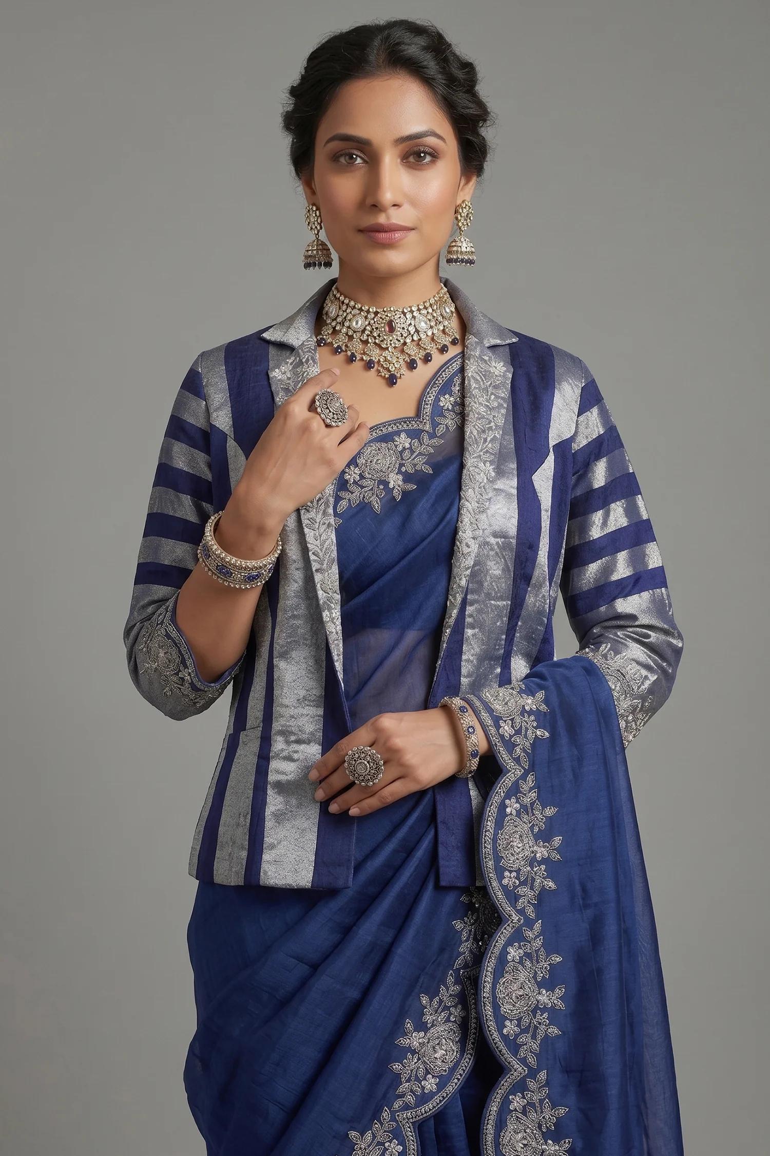 Blue Organza Solid Saree with Scalloped Zardosi Cutdana Worked Border and jacket-style Readymade Blouse - Image 2