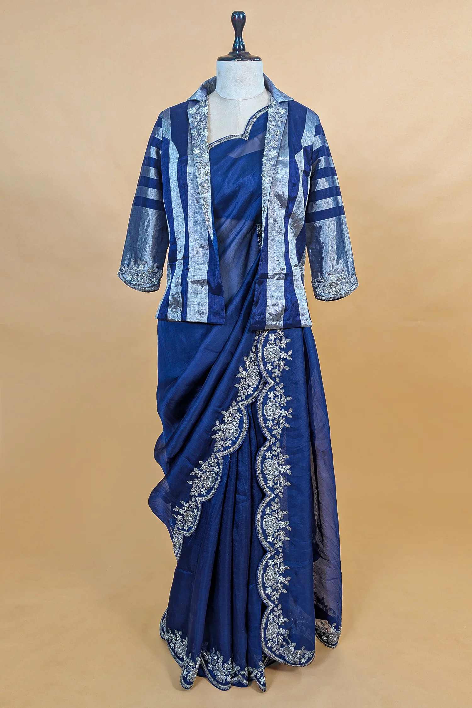 Blue Organza Solid Saree with Scalloped Zardosi Cutdana Worked Border and jacket-style Readymade Blouse - Image 3