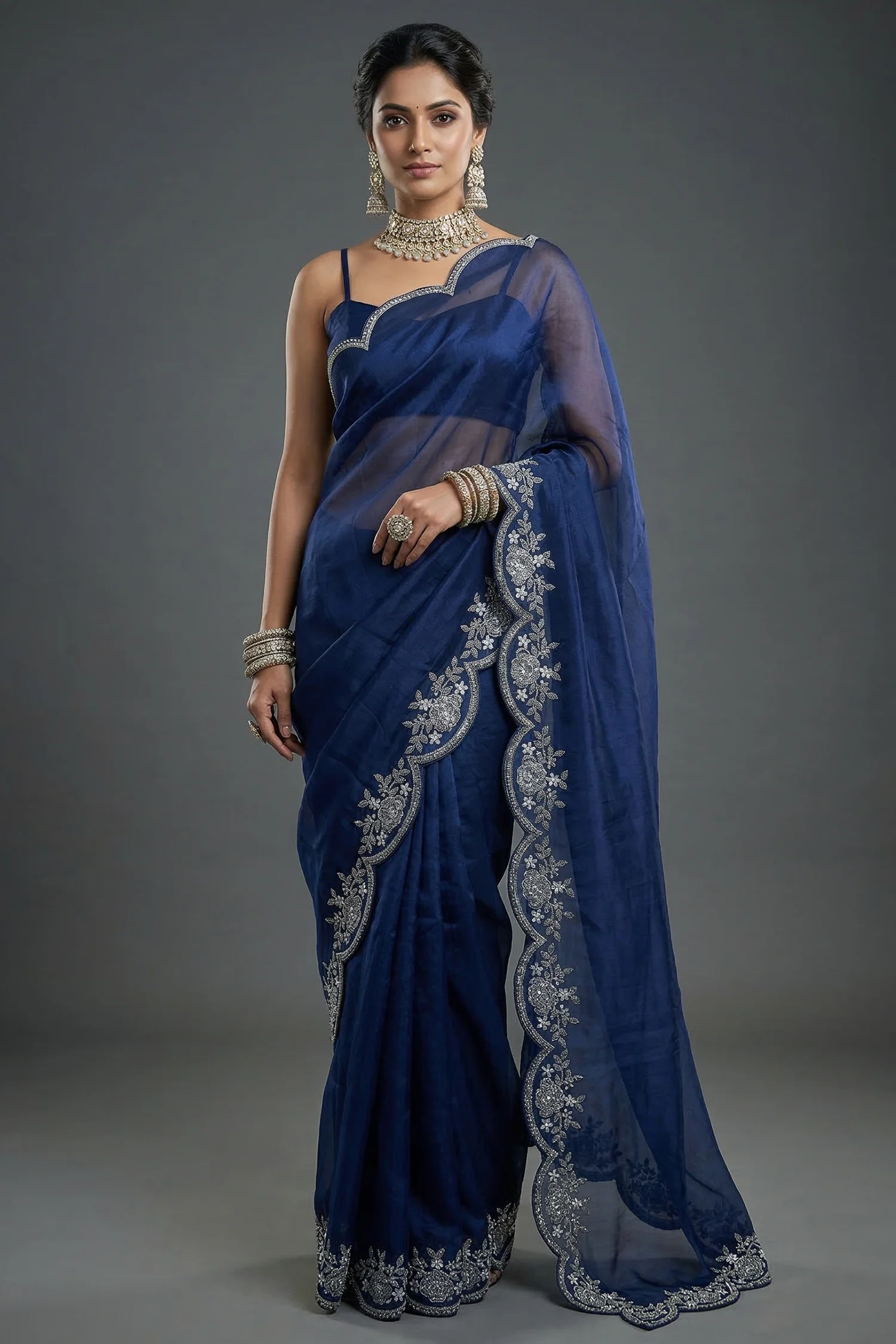 Blue Organza Solid Saree with Scalloped Zardosi Cutdana Worked Border and jacket-style Readymade Blouse - Image 4