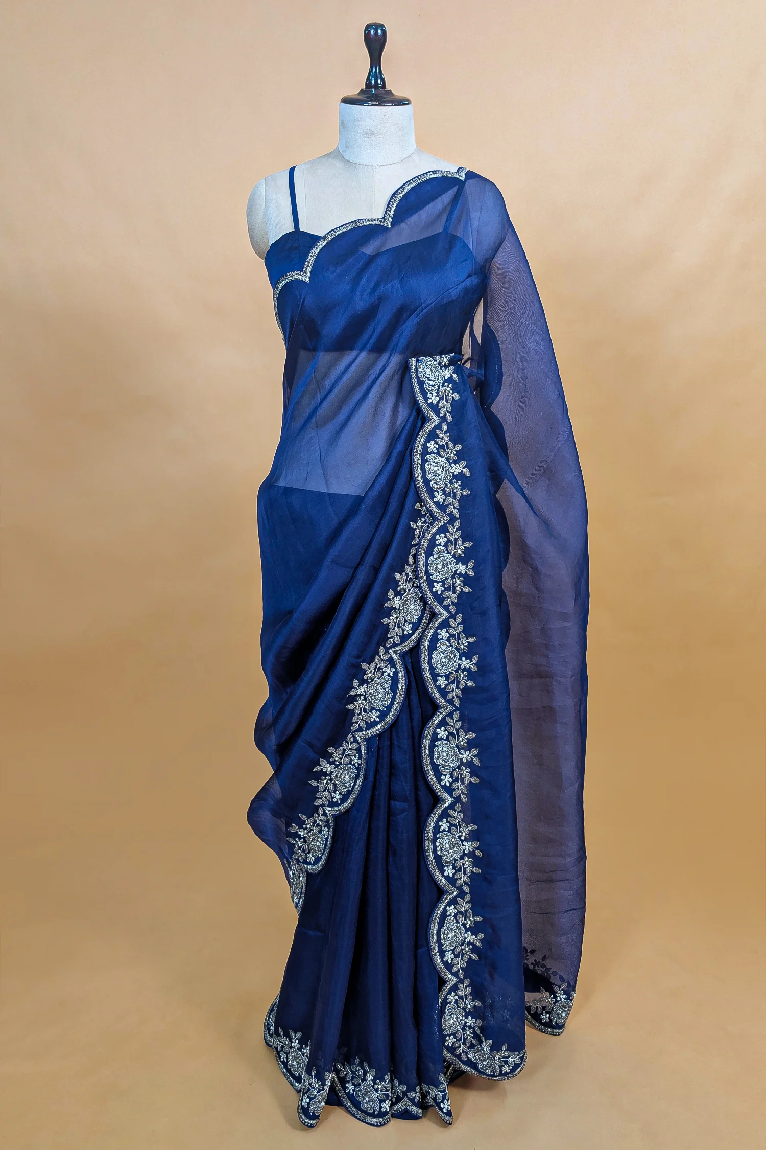 Blue Organza Solid Saree with Scalloped Zardosi Cutdana Worked Border and jacket-style Readymade Blouse - Image 5