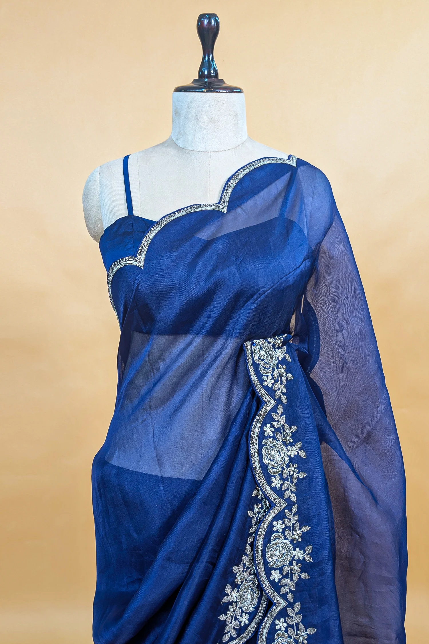 Blue Organza Solid Saree with Scalloped Zardosi Cutdana Worked Border and jacket-style Readymade Blouse - Image 6