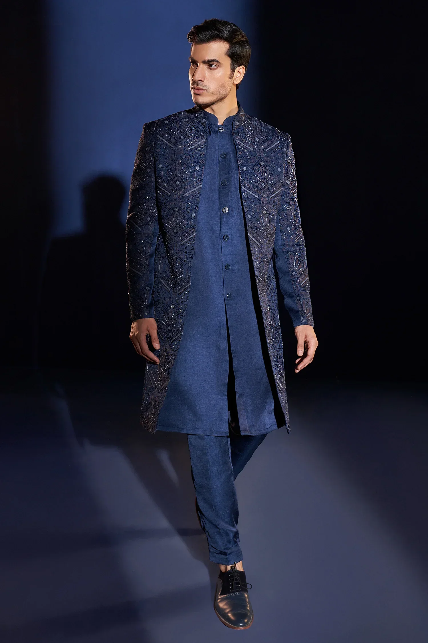 Blue Raw Silk Indo Western Set with Embroidery and Beads Work