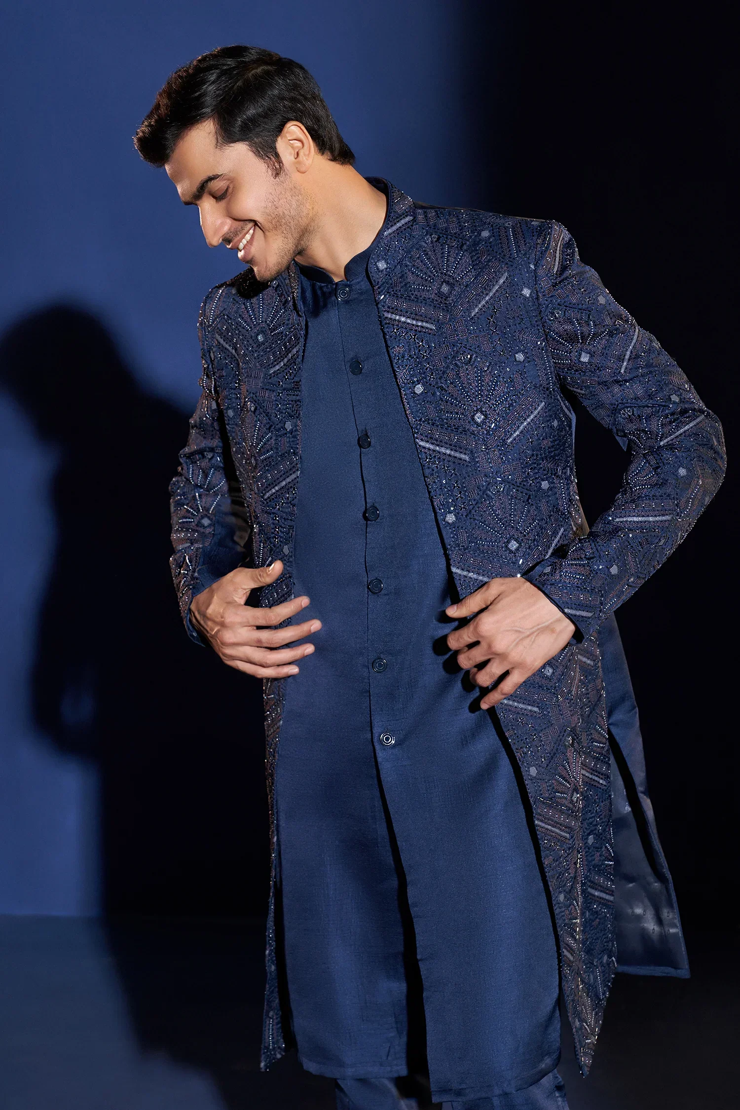 Blue Raw Silk Indo Western Set with Embroidery and Beads Work - Image 2