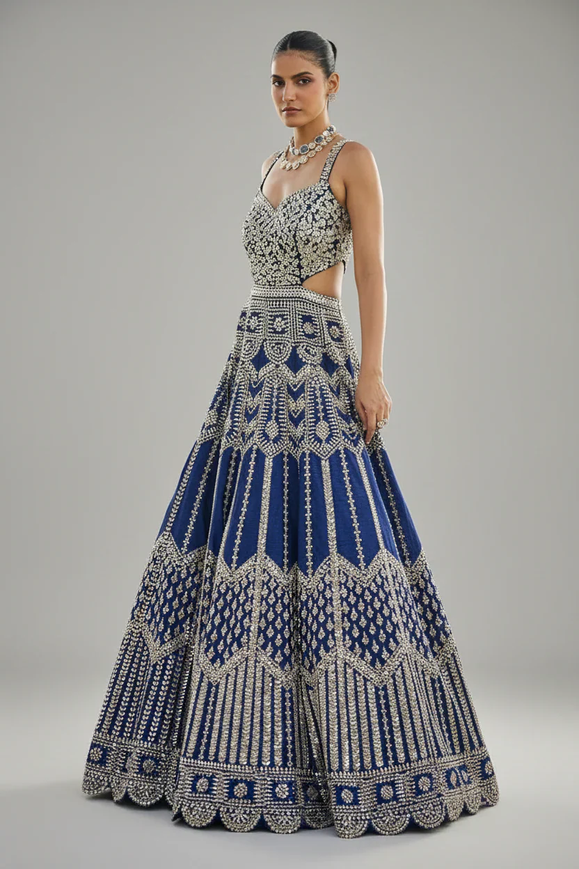 Blue Raw Silk Mirror Beaded Work Designer Side Cut Out Gown