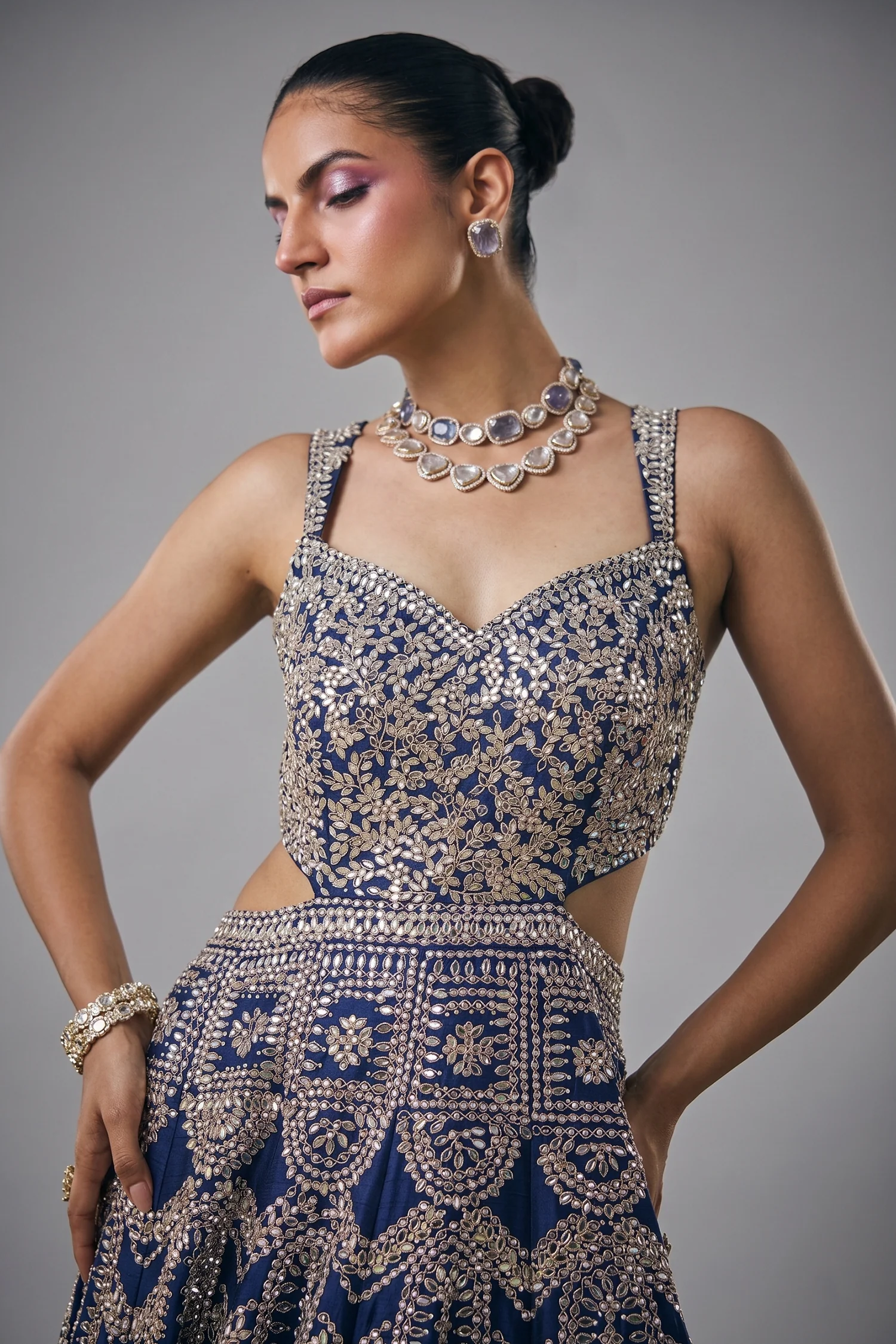 Blue Raw Silk Mirror Beaded Work Designer Side Cut Out Gown - Image 2