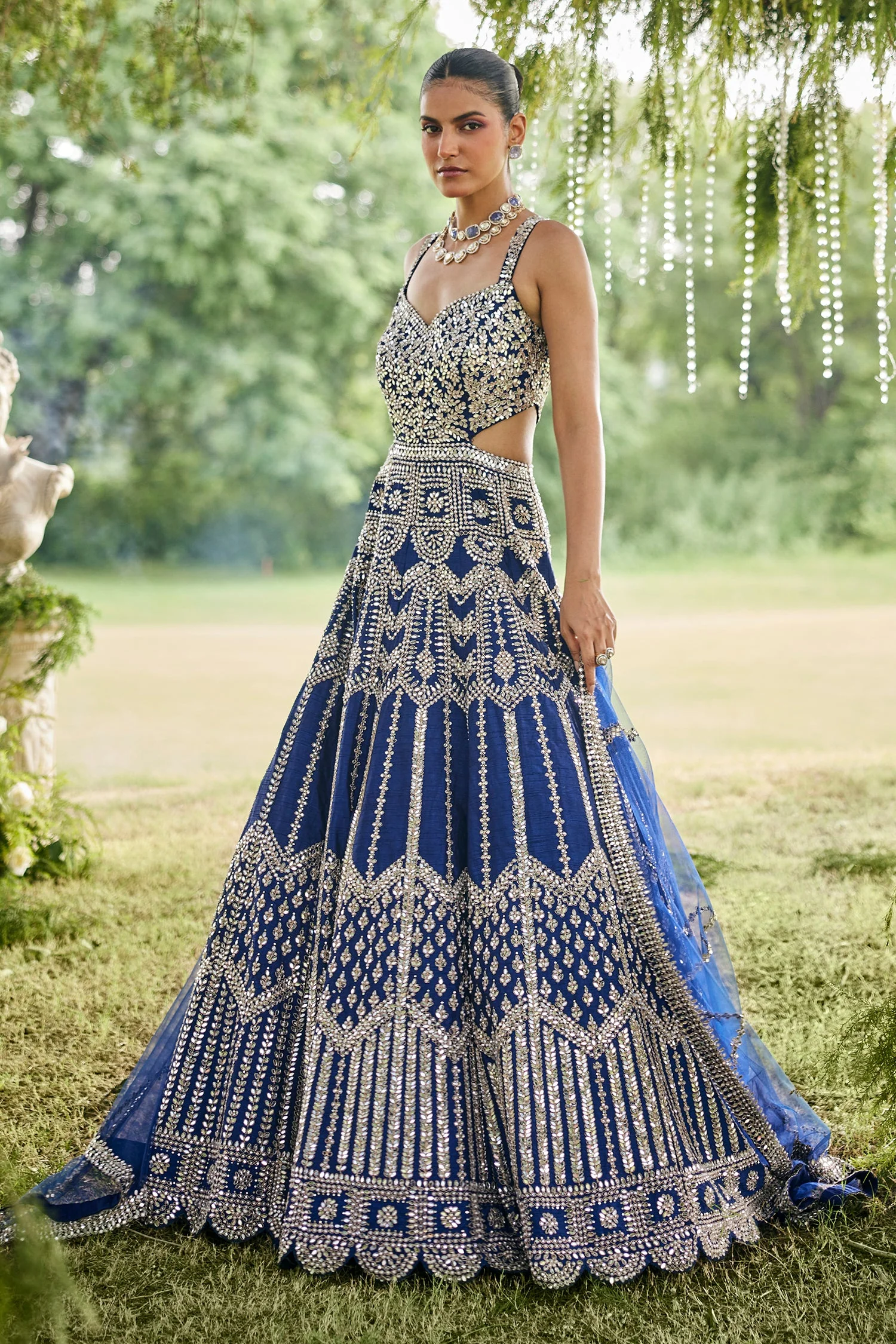 Blue Raw Silk Mirror Beaded Work Designer Side Cut Out Gown - Image 3
