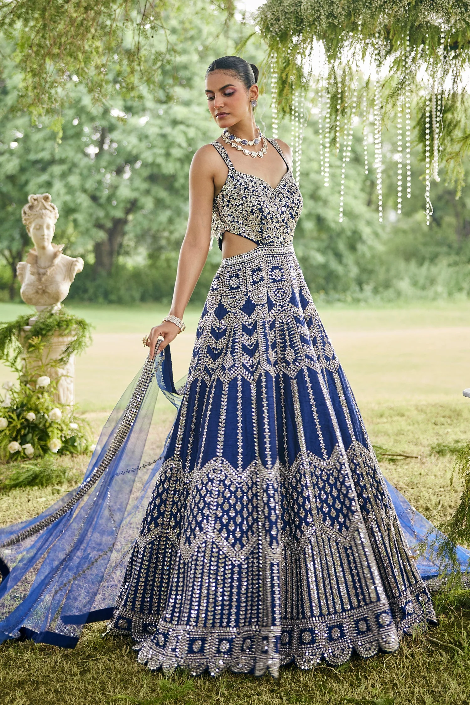 Blue Raw Silk Mirror Beaded Work Designer Side Cut Out Gown - Image 4