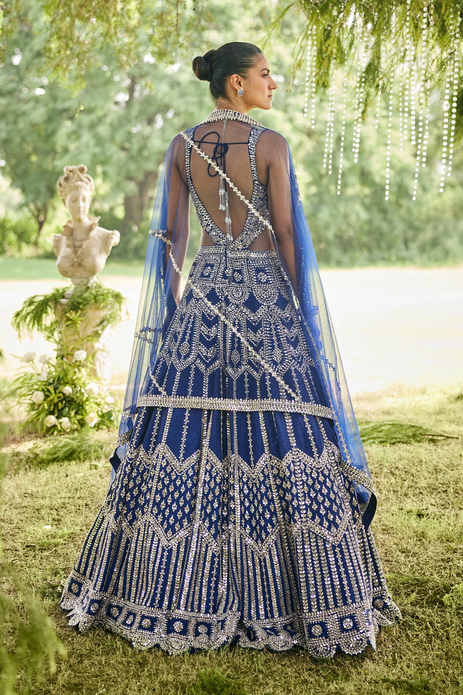 Blue Raw Silk Mirror Beaded Work Designer Side Cut Out Gown - Image 5