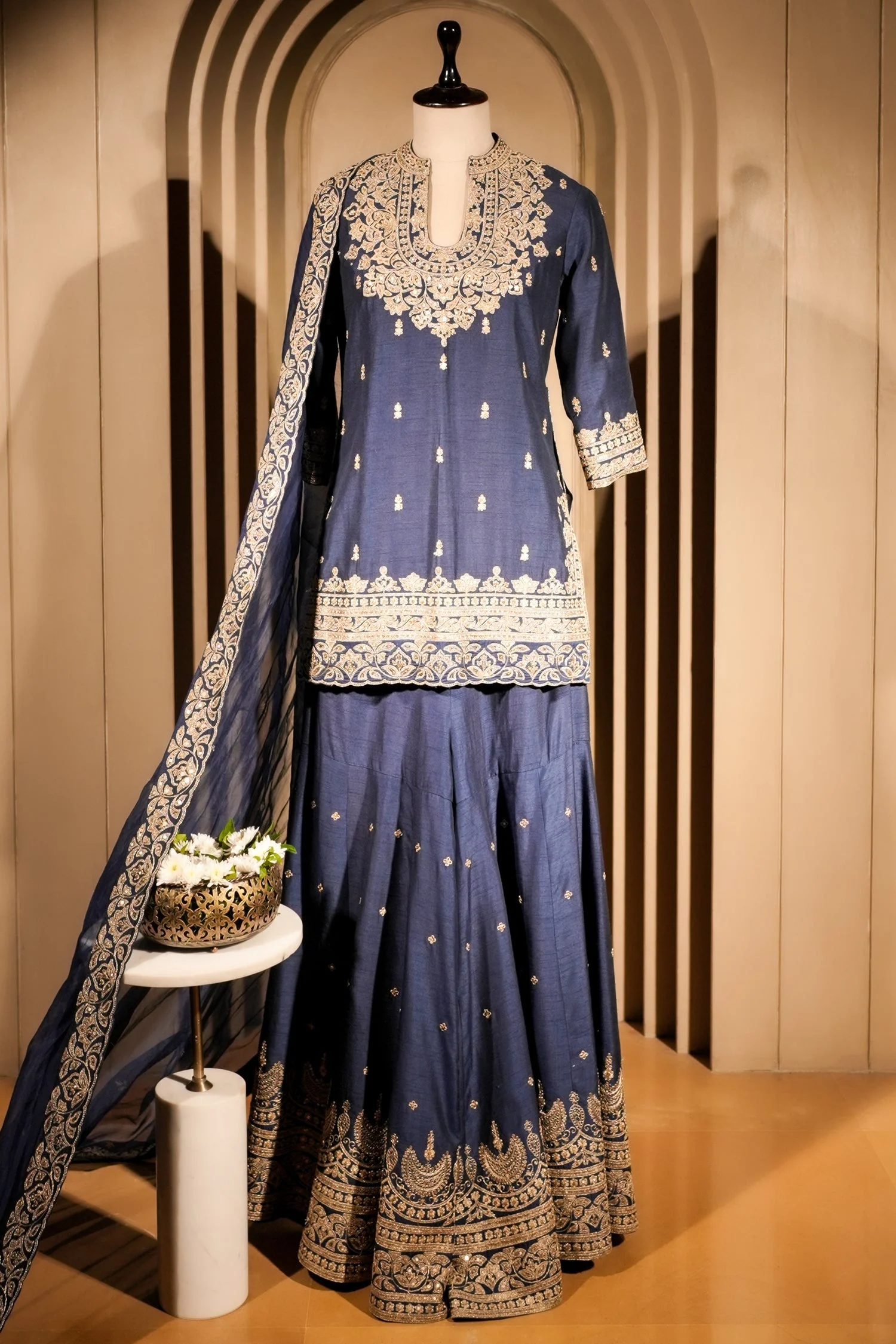 Blue Raw Silk Sequin Embroidered Palazzo Suit - Image 2