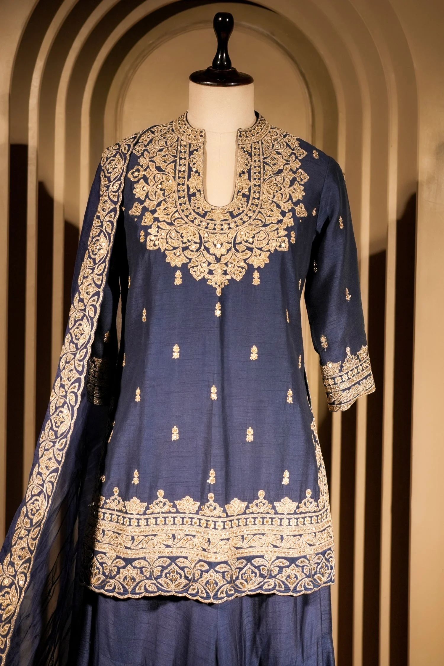 Blue Raw Silk Sequin Embroidered Palazzo Suit - Image 3