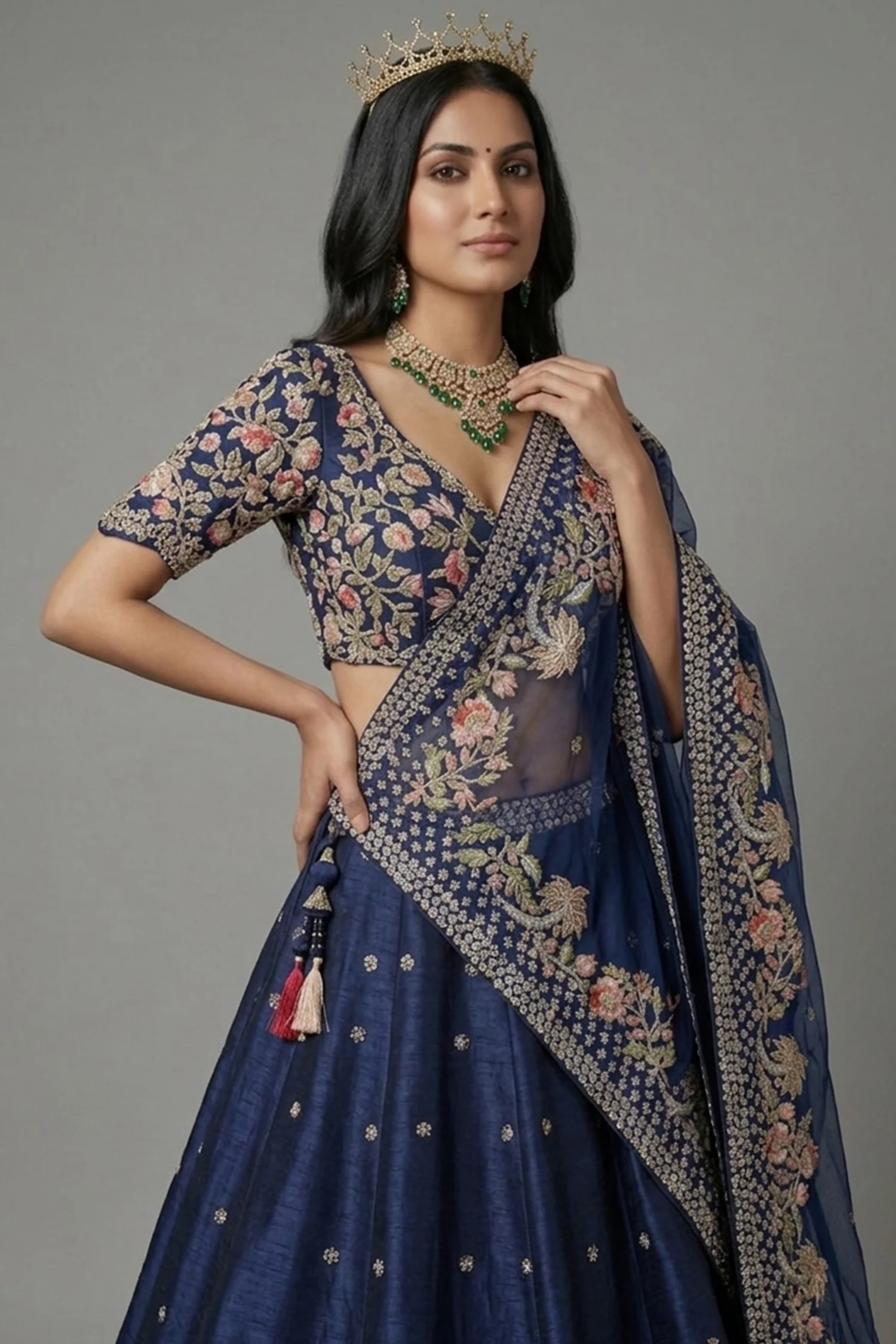 Blue Silk Embellished Floral Embroidered and Cutdana Beaded Work Lehenga - Image 2