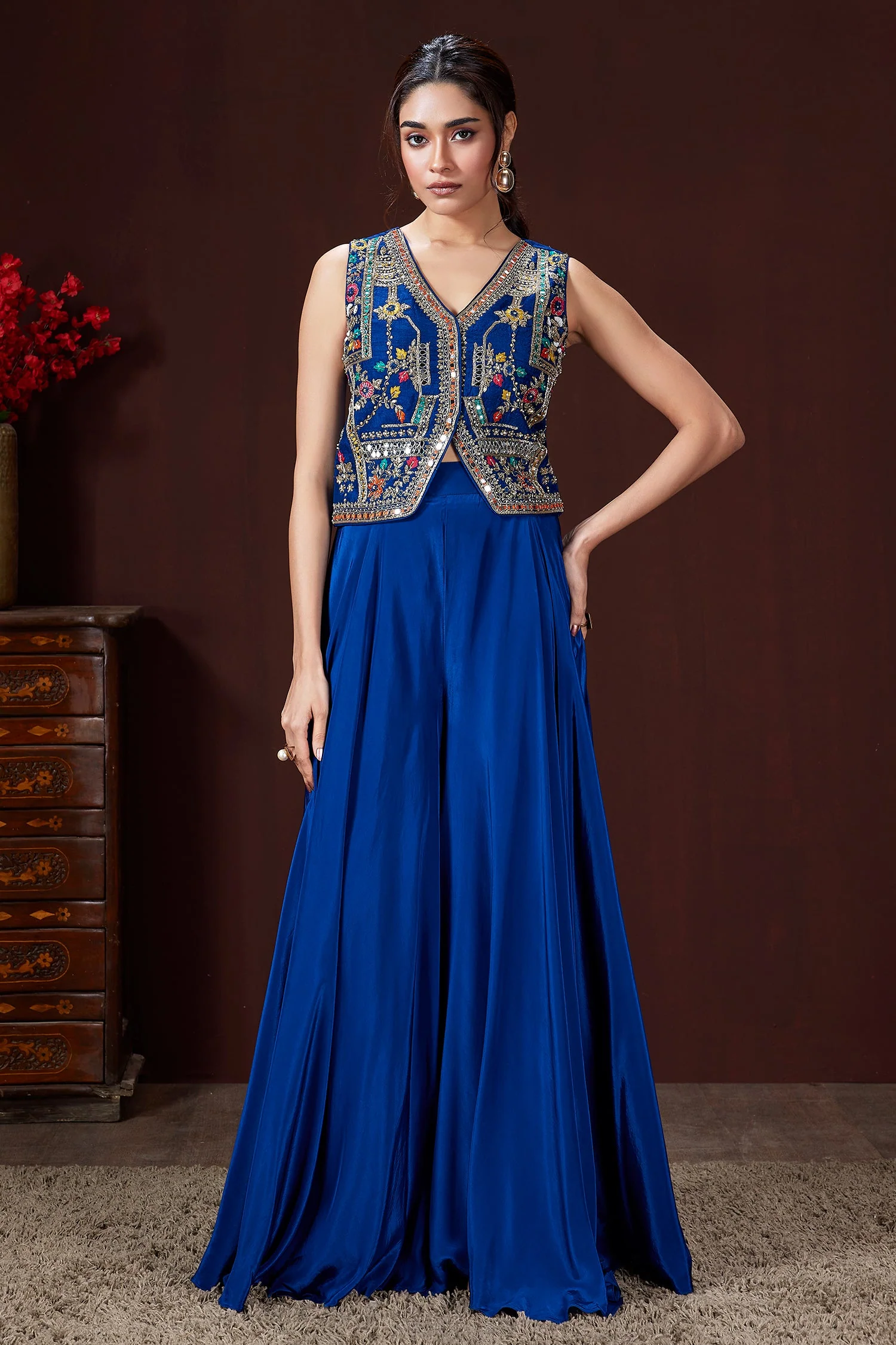 Blue Silk Embroidered and Mirror Worked Crop Top Palazzo Set with Shell Detailing - Image 2