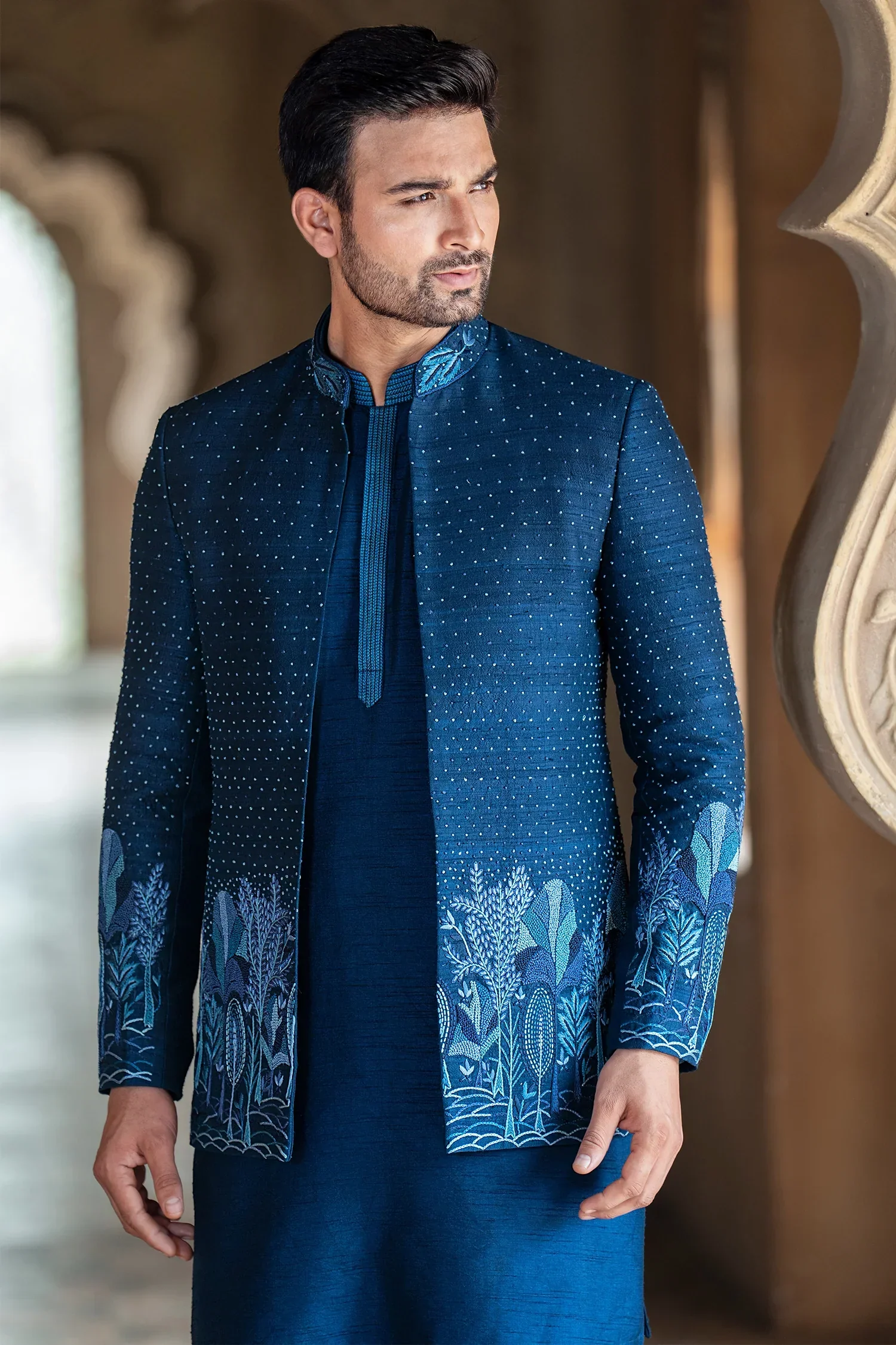 Blue Silk Jodhpuri Kurta Set in Raw Silk with French Knot Embroidery Work Jacket - Image 2