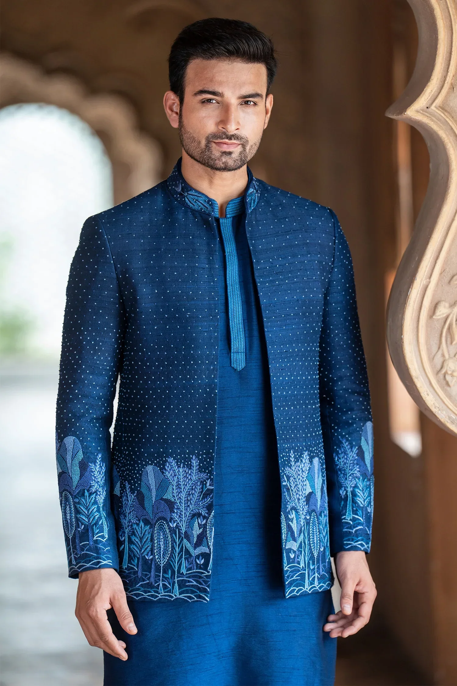 Blue Silk Jodhpuri Kurta Set in Raw Silk with French Knot Embroidery Work Jacket - Image 3