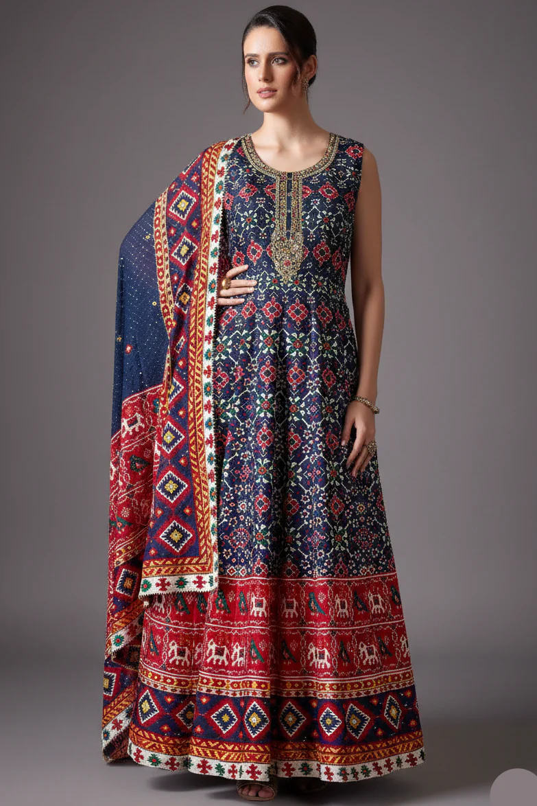 Blue Silk Patola Anarkali Suit with Sequins Work
