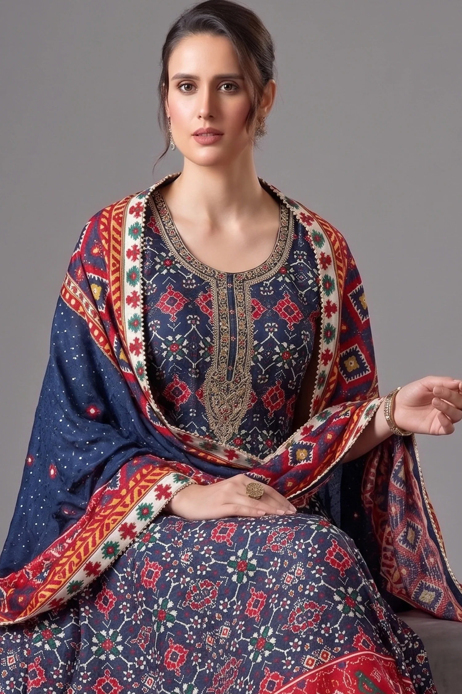 Blue Silk Patola Anarkali Suit with Sequins Work - Image 2