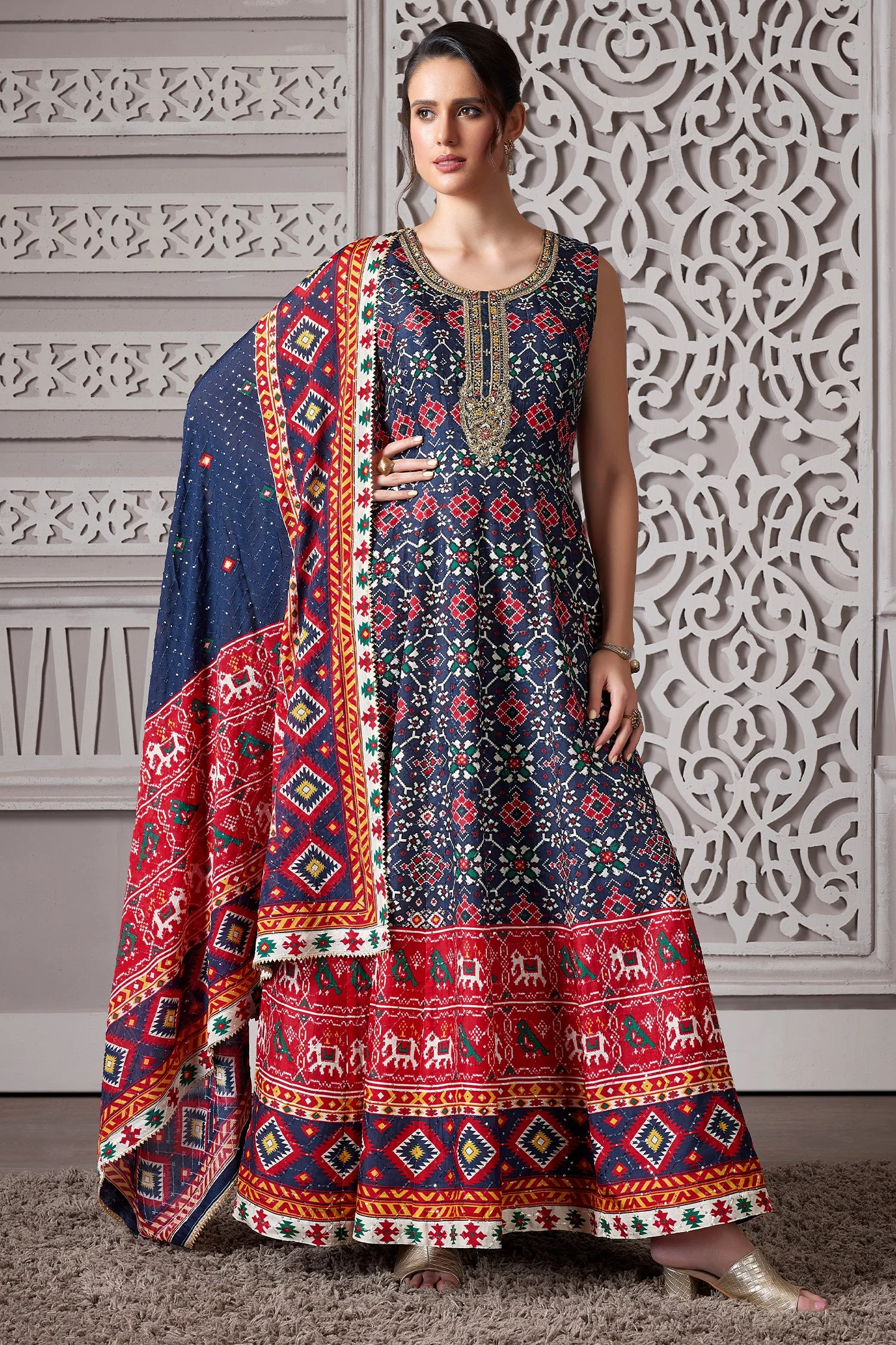 Blue Silk Patola Anarkali Suit with Sequins Work - Image 3