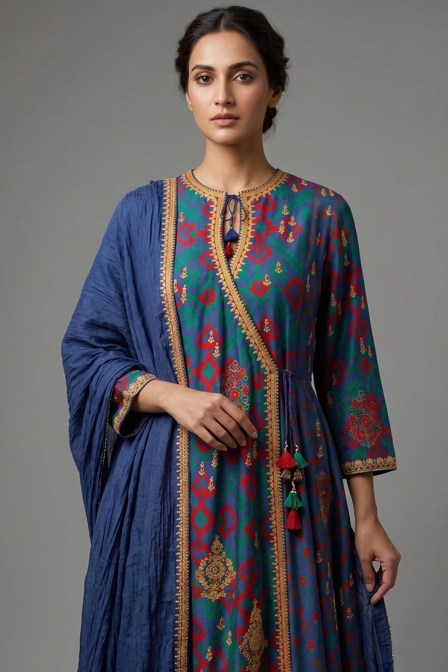 Blue Silk Printed Angrakha Style Palazzo Suit with Sequin Embroidery Work - Image 2