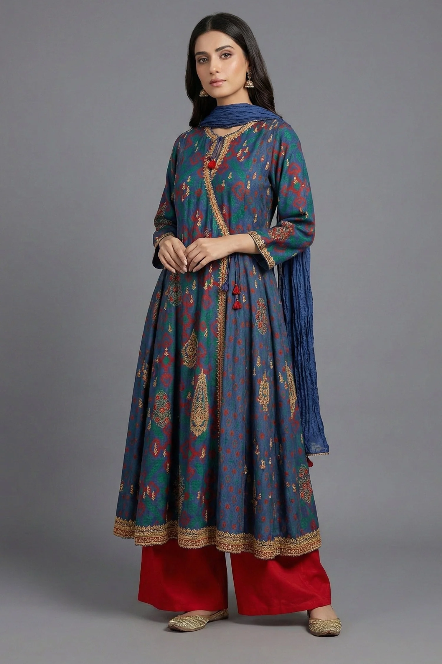 Blue Silk Printed Angrakha Style Palazzo Suit with Sequin Embroidery Work - Image 3