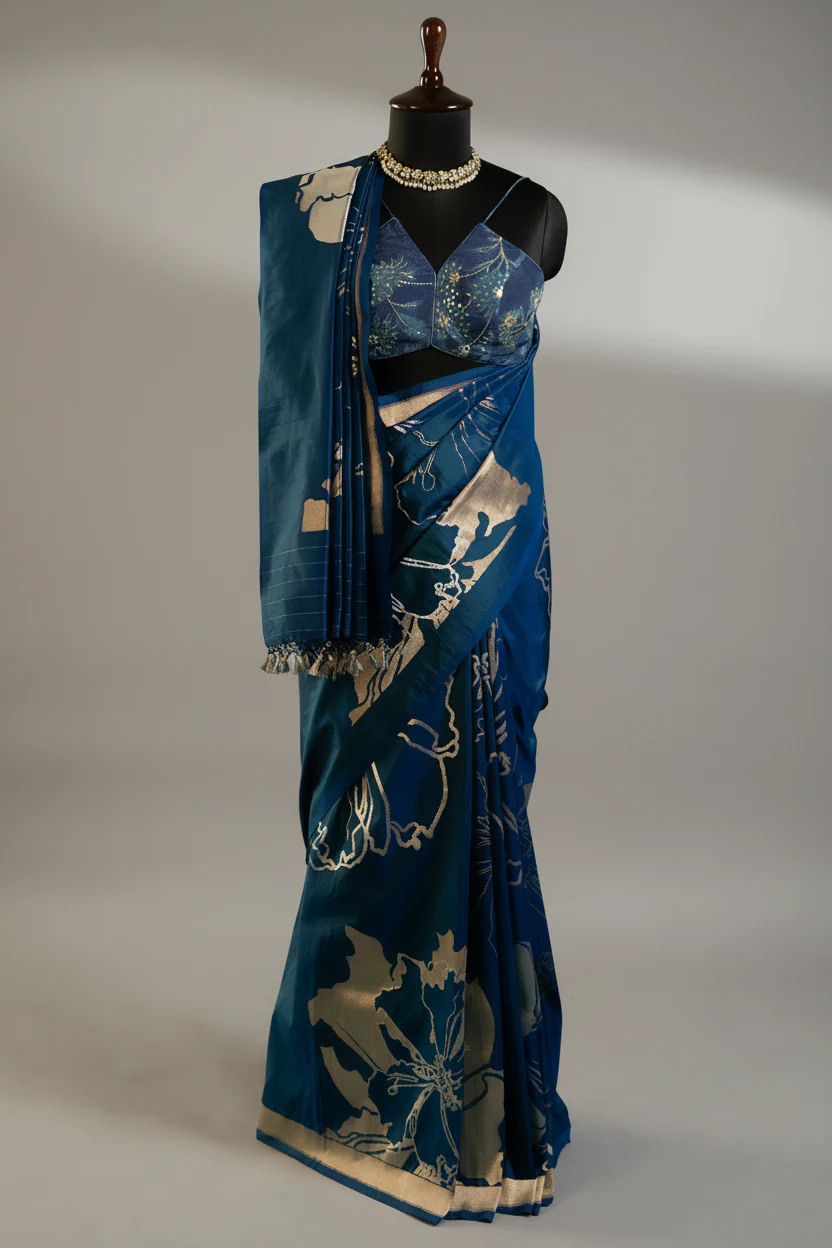 Blue Silk Saree with Zari Weaving - Image 3