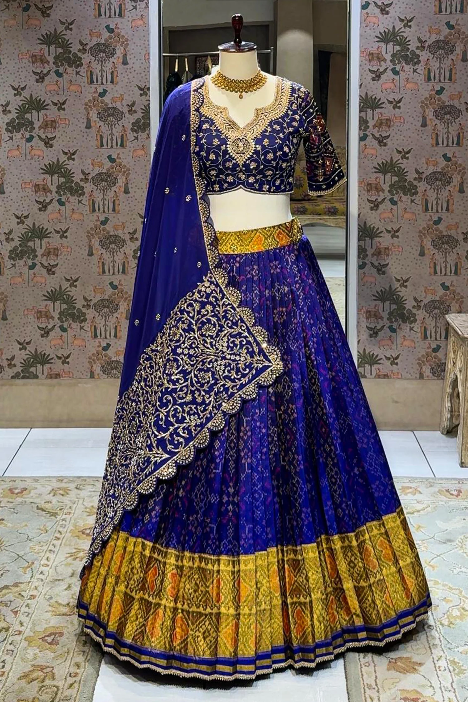 Blue Silk Traditional Pleated Patola Print Lehenga with Scallop Dupatta - Image 2