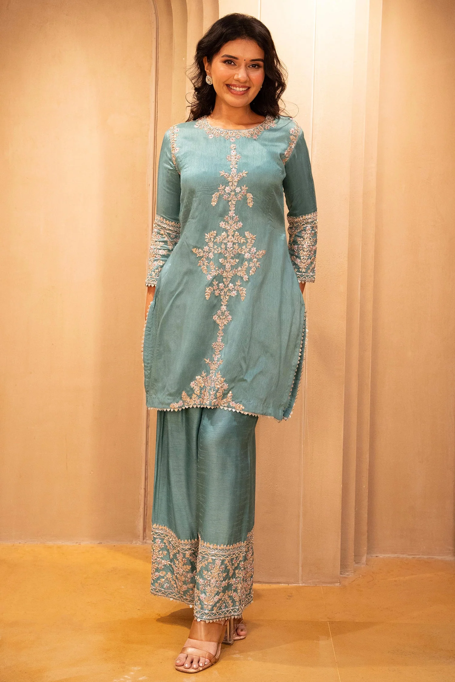 Blue Silk Zardosi and Sequin worked Co-Ord Set - Image 2