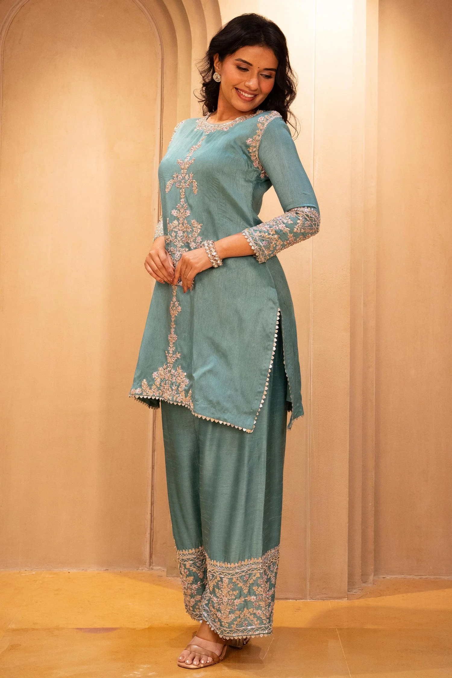 Blue Silk Zardosi and Sequin worked Co-Ord Set - Image 3