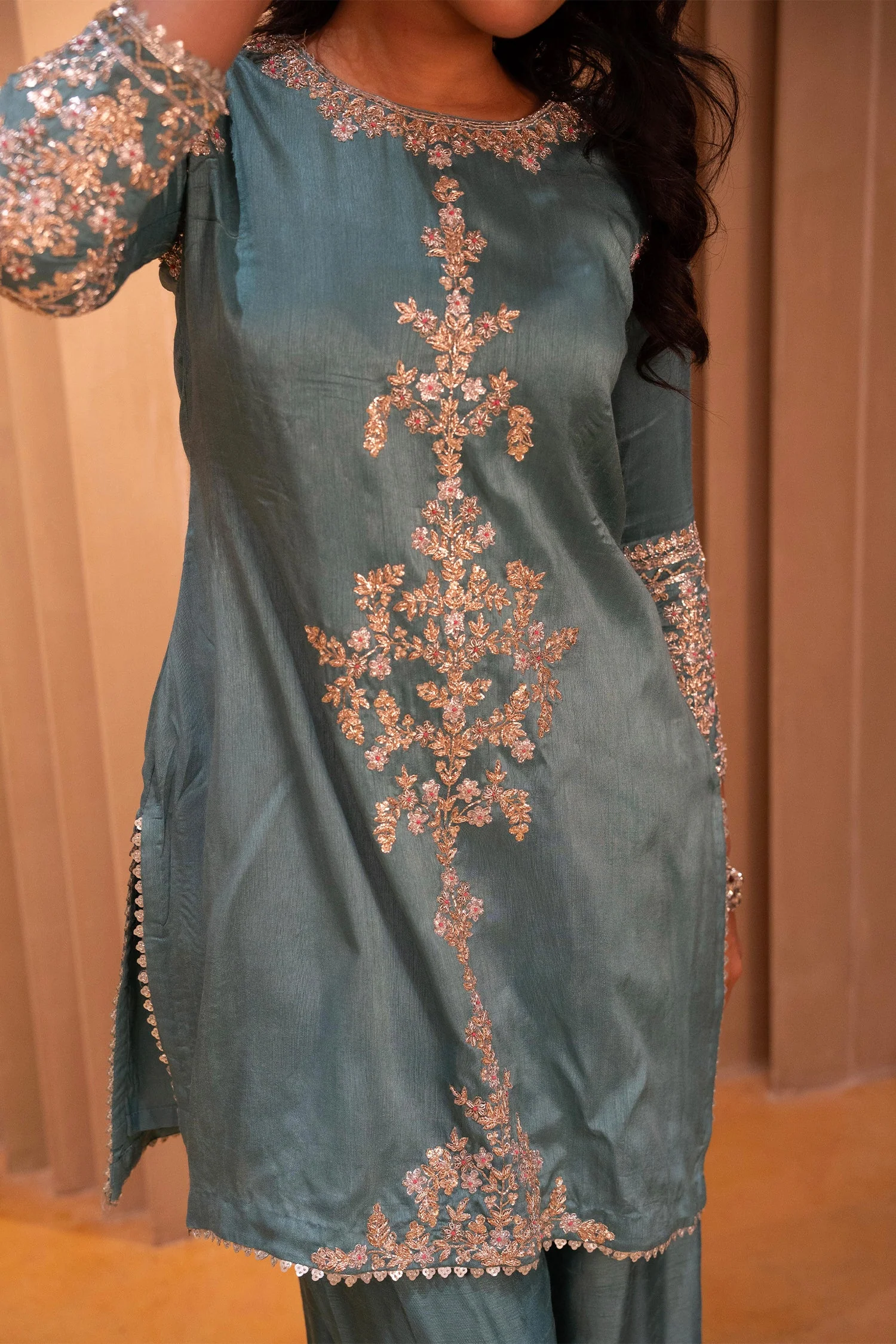 Blue Silk Zardosi and Sequin worked Co-Ord Set - Image 8