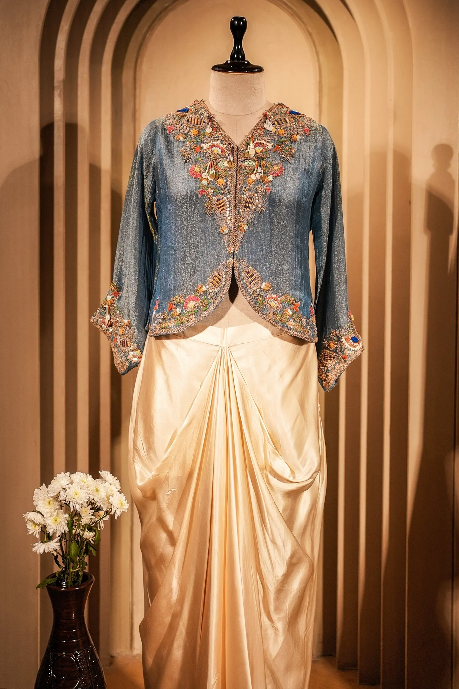 Blue Tissue Silk Embroidered Crop Top and Draped Skirt - Image 2
