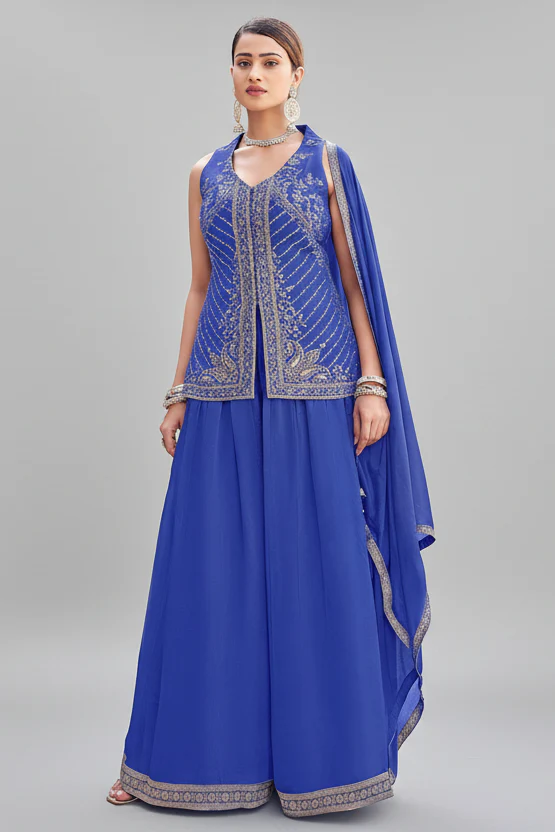 Blue Woven Art Silk Palazzo Suit with Sequin Cutdana Work