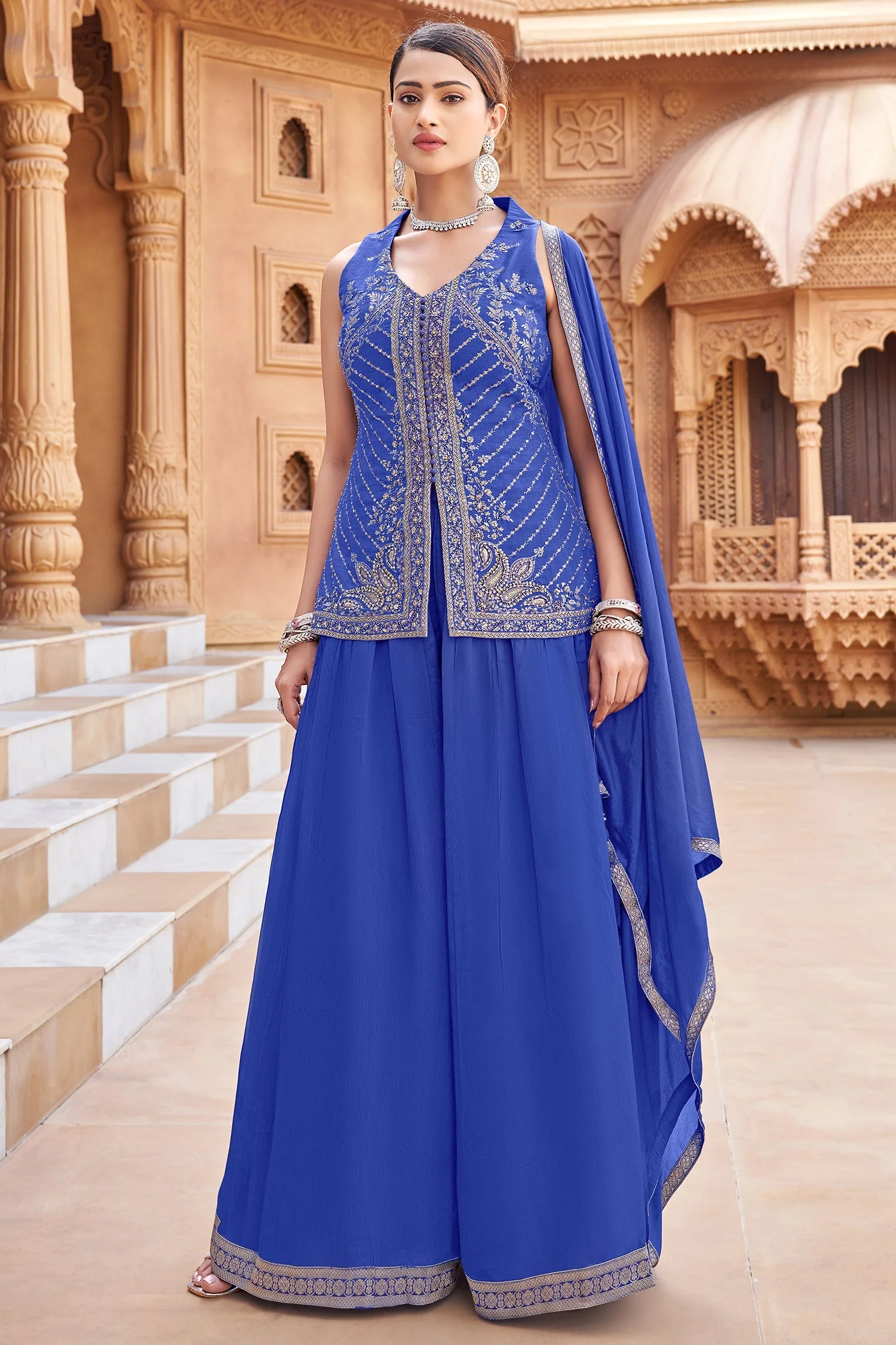 Blue Woven Art Silk Palazzo Suit with Sequin Cutdana Work - Image 2