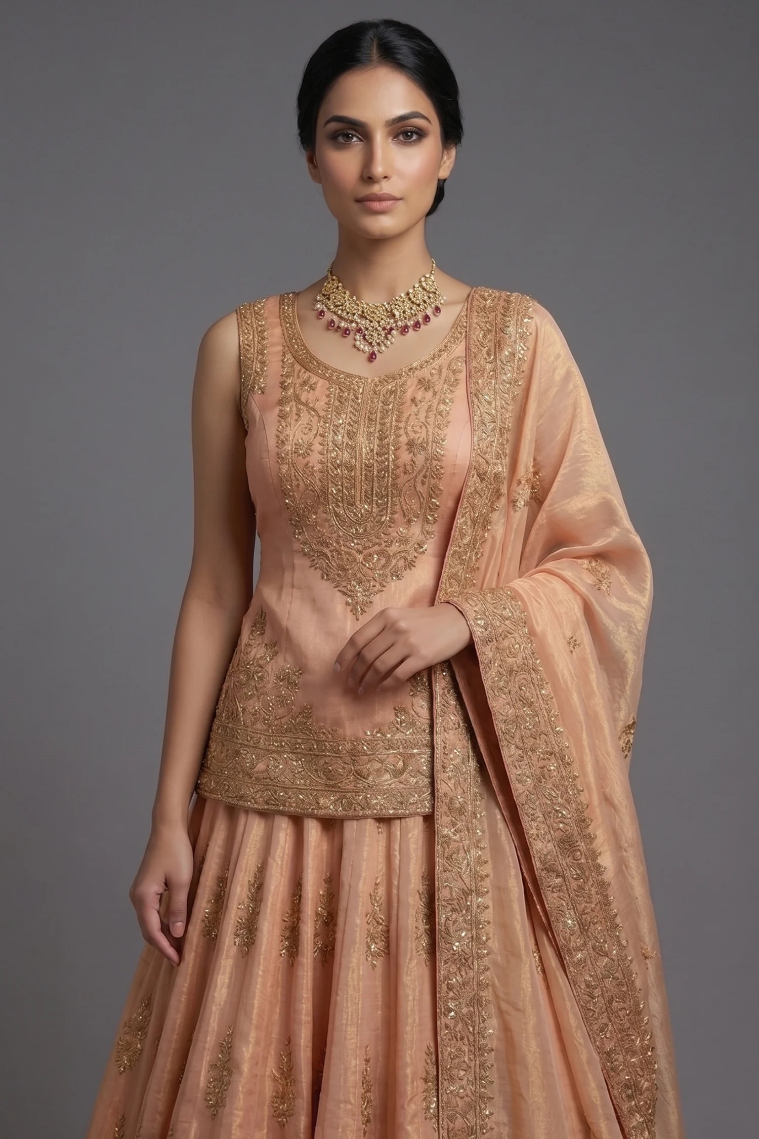 Blush Peach Tissue Embroidered Lehenga with Peplum Blouse - Image 2
