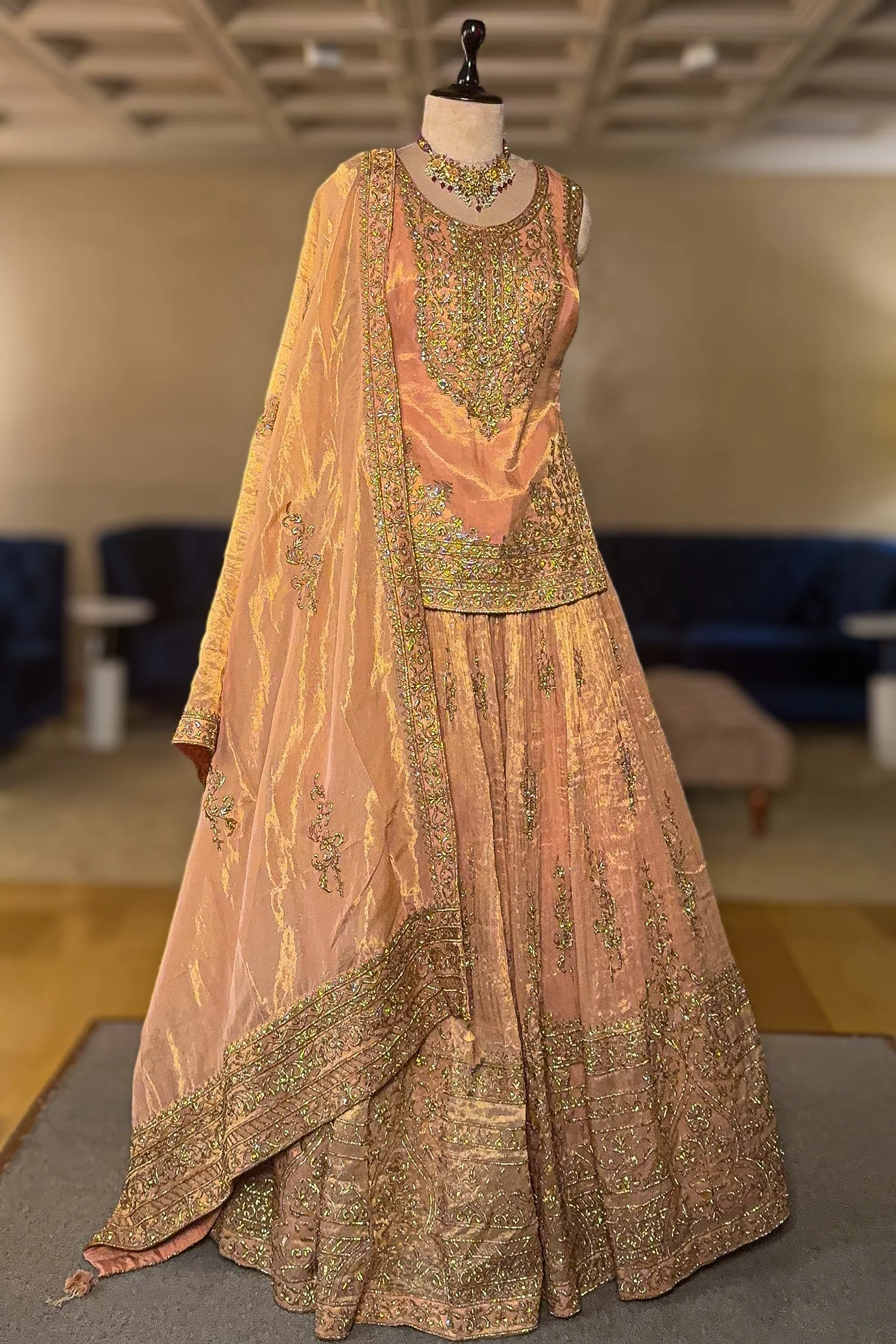Blush Peach Tissue Embroidered Lehenga with Peplum Blouse - Image 3