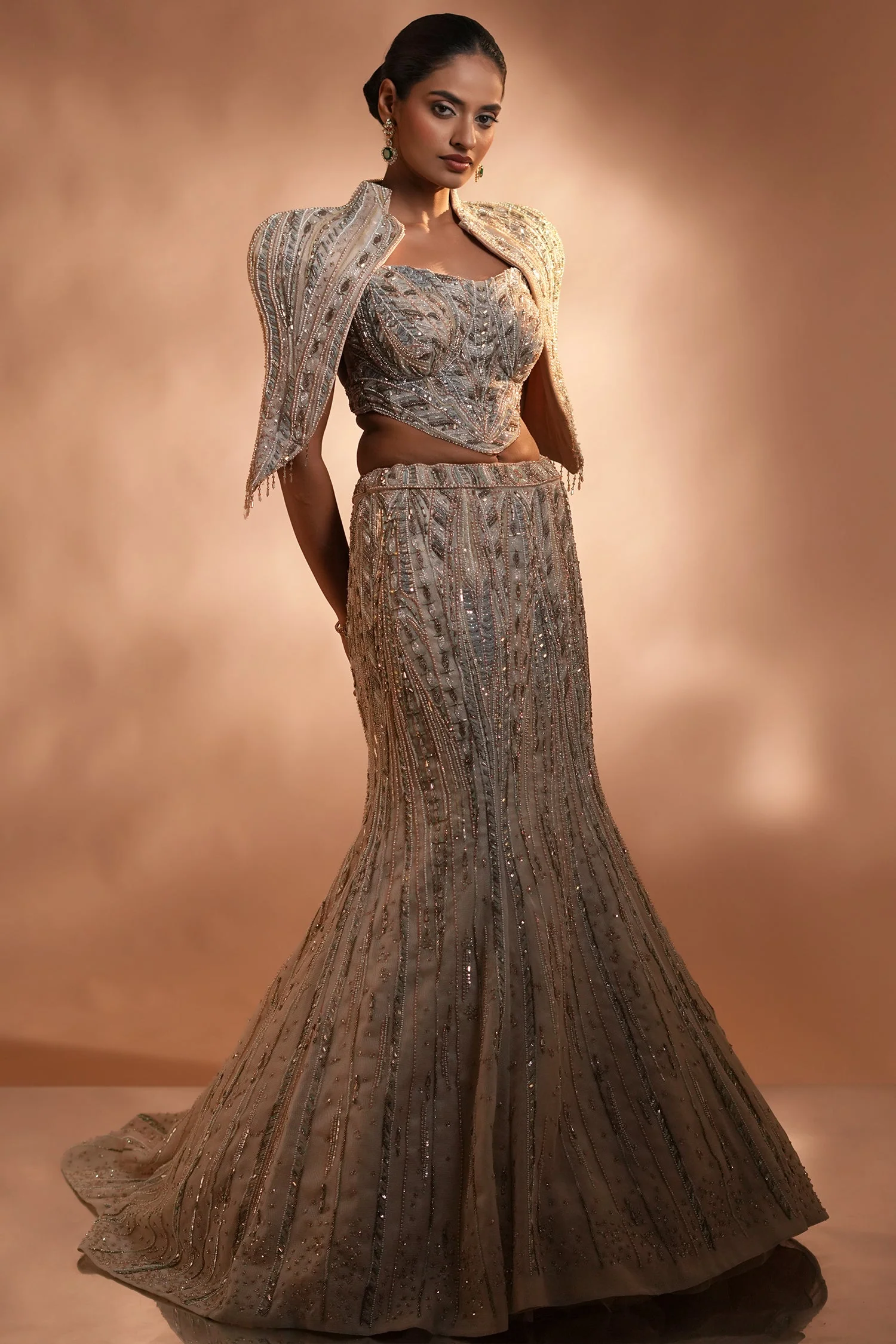 Blush Pink Net Mermaid Lehenga Set with Structured Corset Blouse and Embellished Shoulder Cape - Image 2
