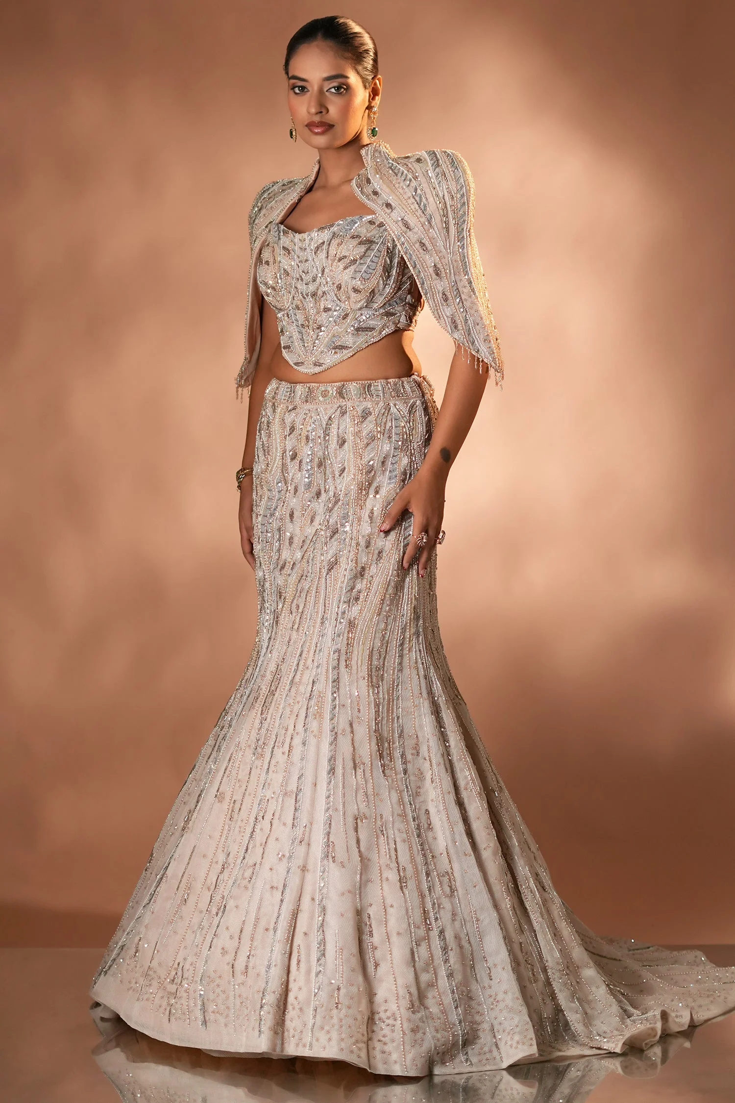 Blush Pink Net Mermaid Lehenga Set with Structured Corset Blouse and Embellished Shoulder Cape - Image 3