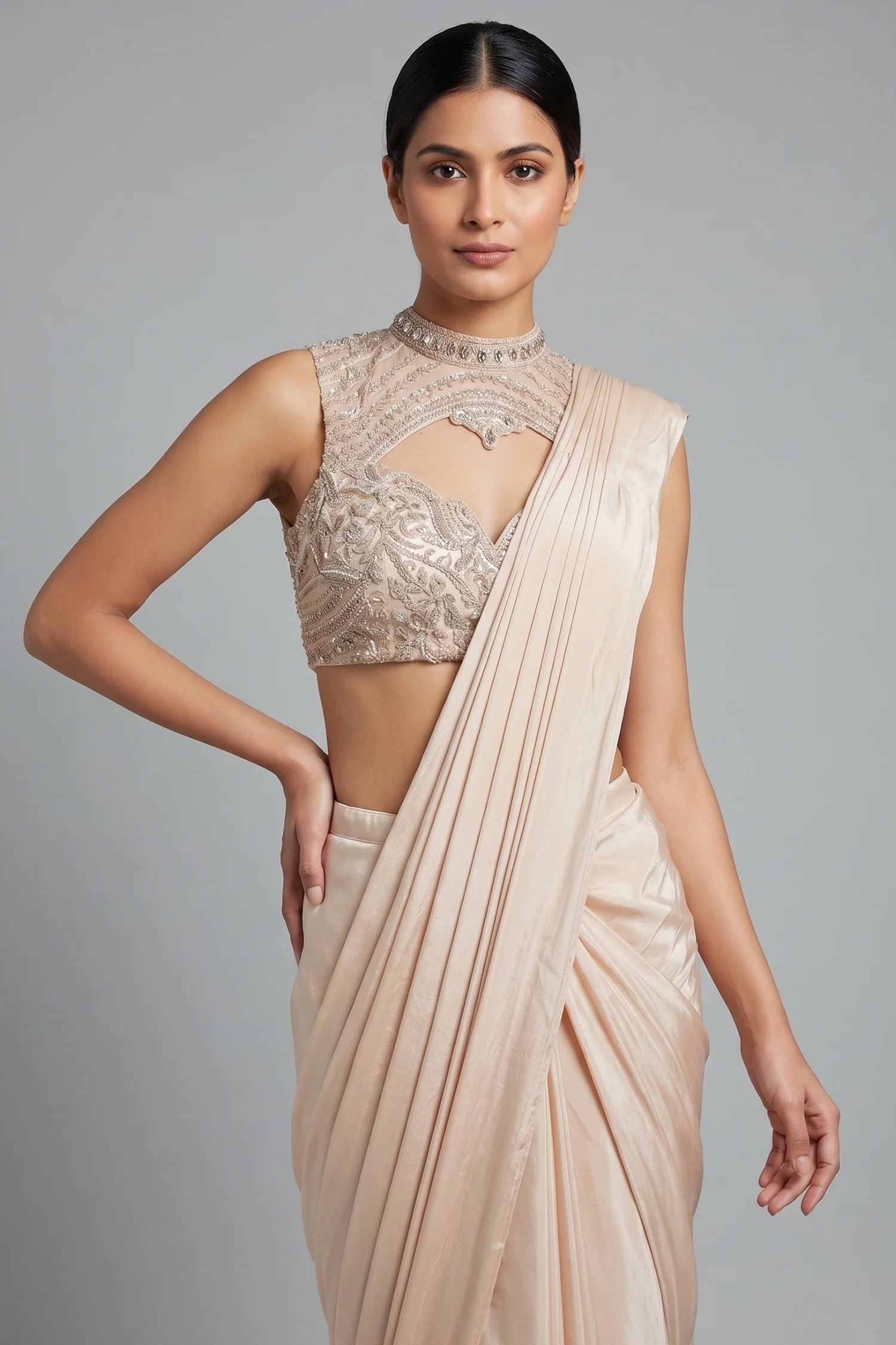 Blush Pink Organza Pre-Draped Saree with Embellished Blouse - Image 2