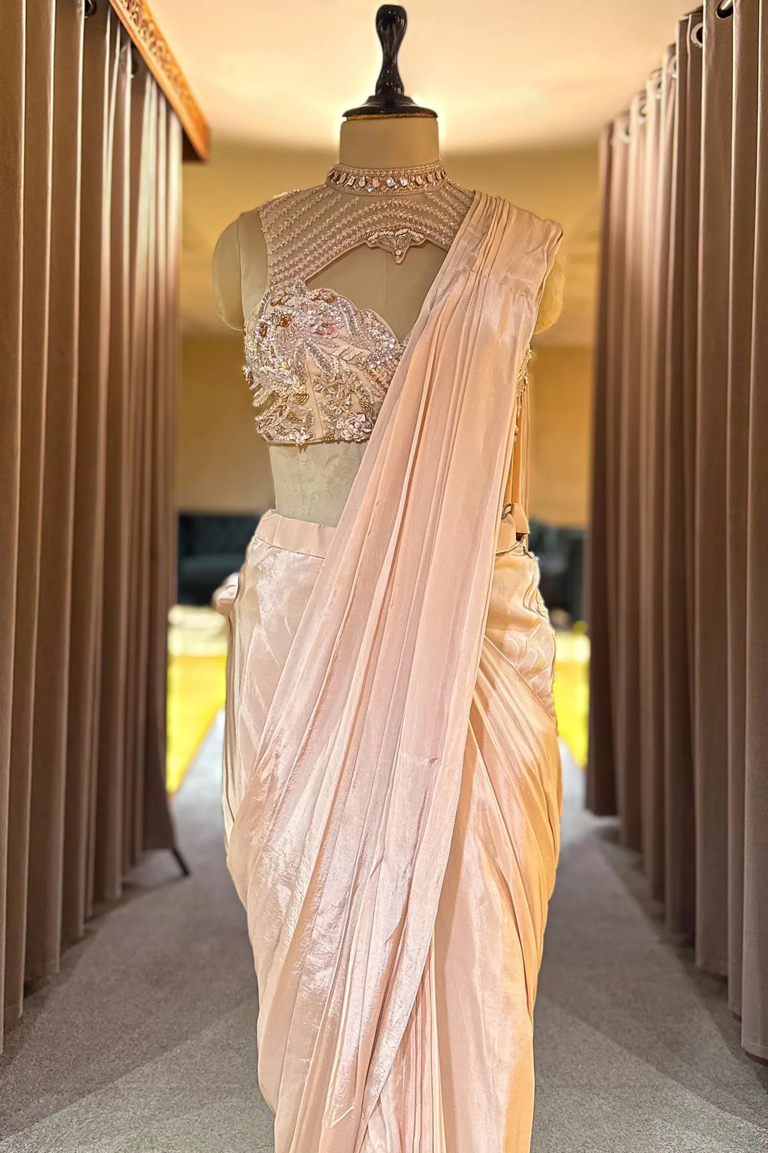 Blush Pink Organza Pre-Draped Saree with Embellished Blouse - Image 3