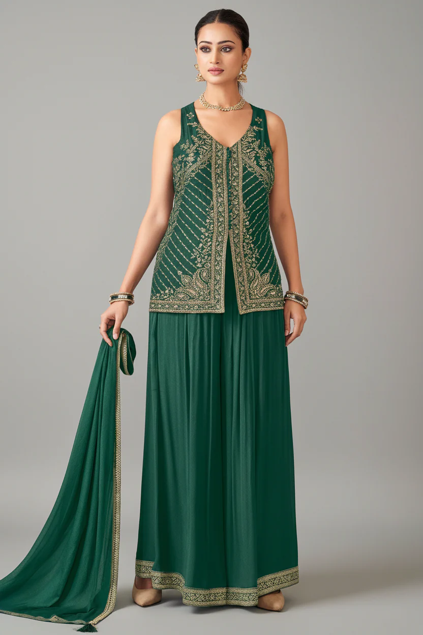 Bottle Green Art Silk Woven Palazzo Suit with Sequin Cutdana Work
