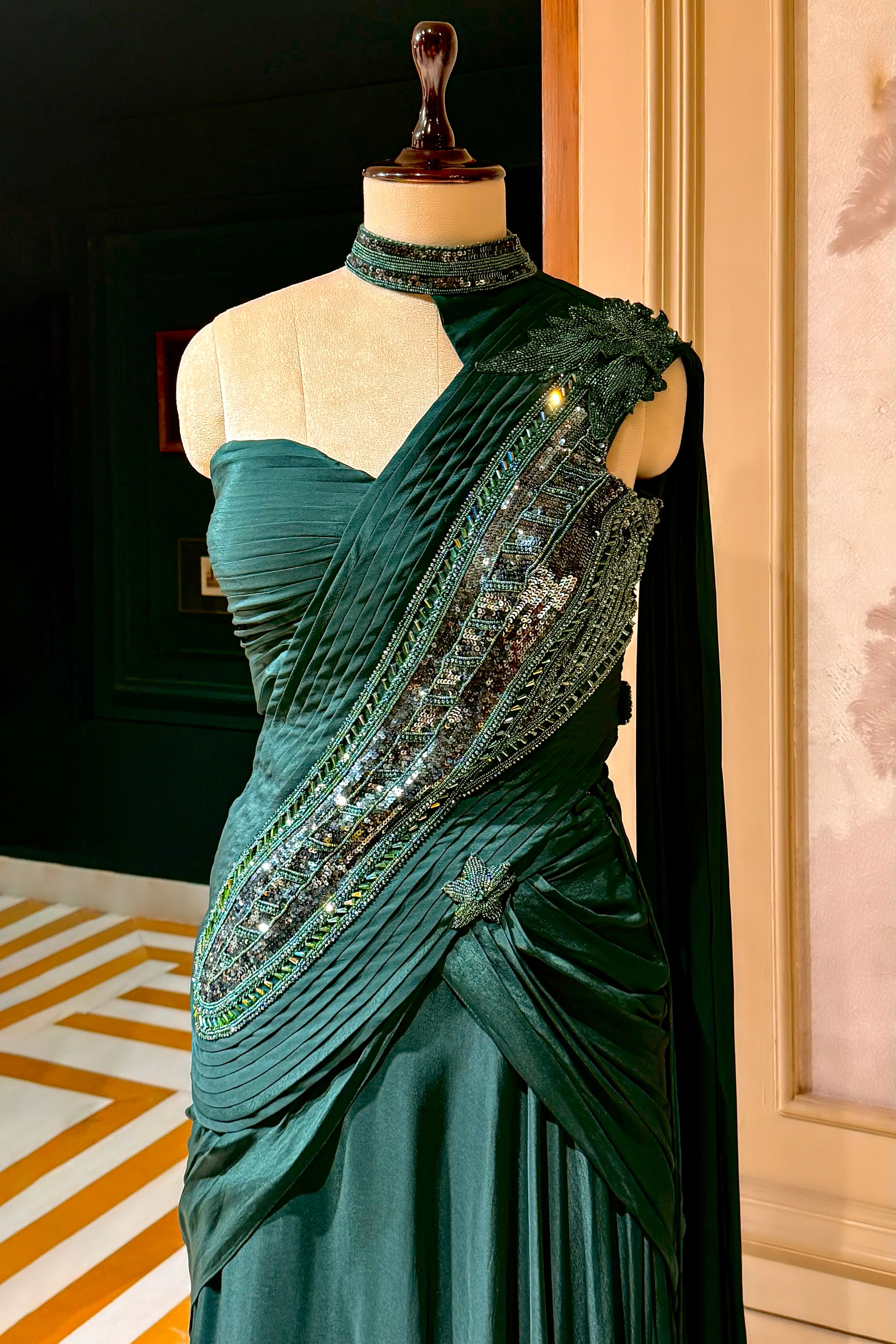 Bottle Green Chinon Silk Indo Western Set - Image 4