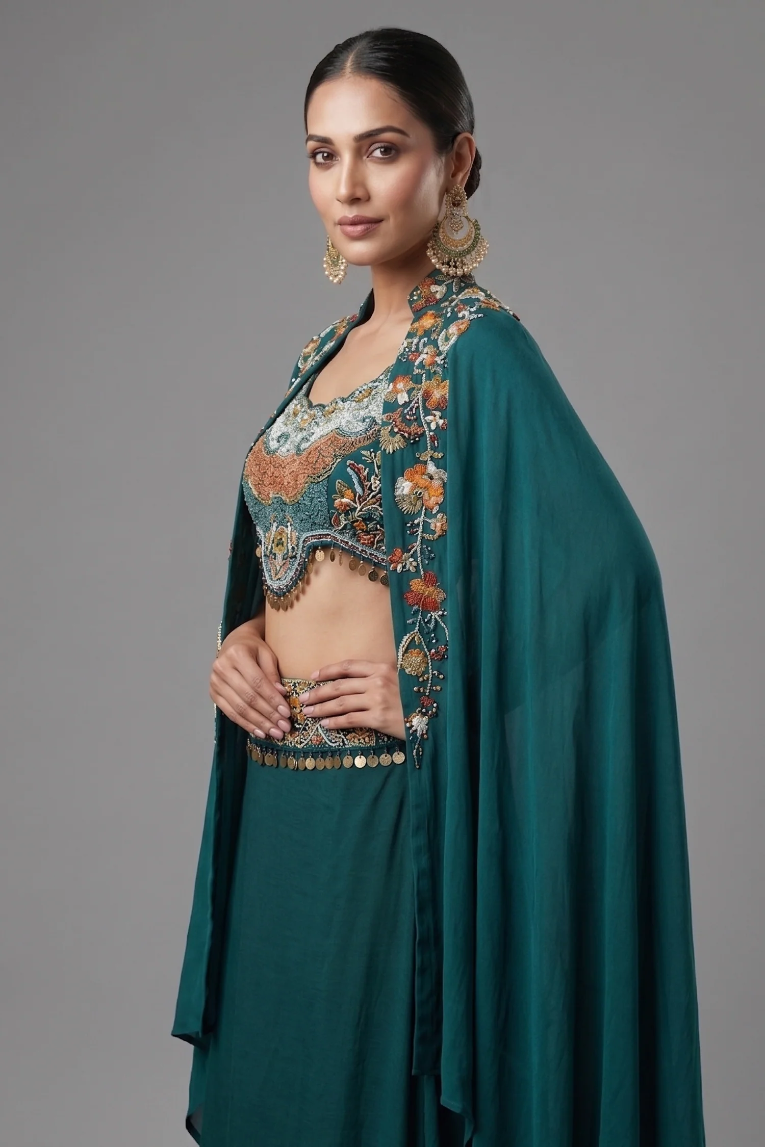 Bottle Green Crepe Satin Silk Beaded Crop Top Skirt Set with Jacket - Image 2