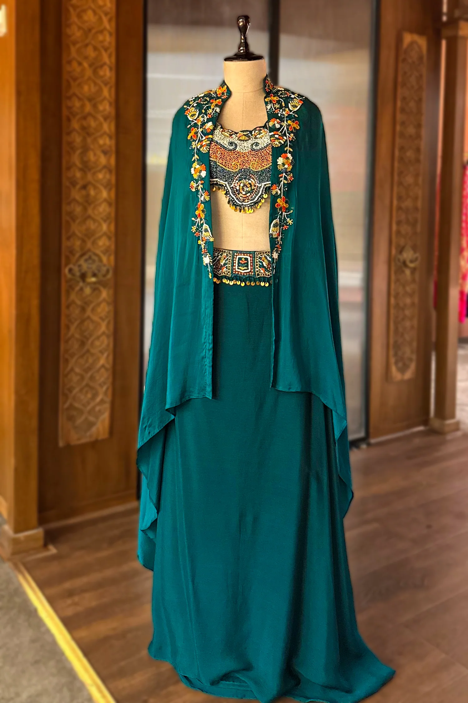 Bottle Green Crepe Satin Silk Beaded Crop Top Skirt Set with Jacket - Image 3