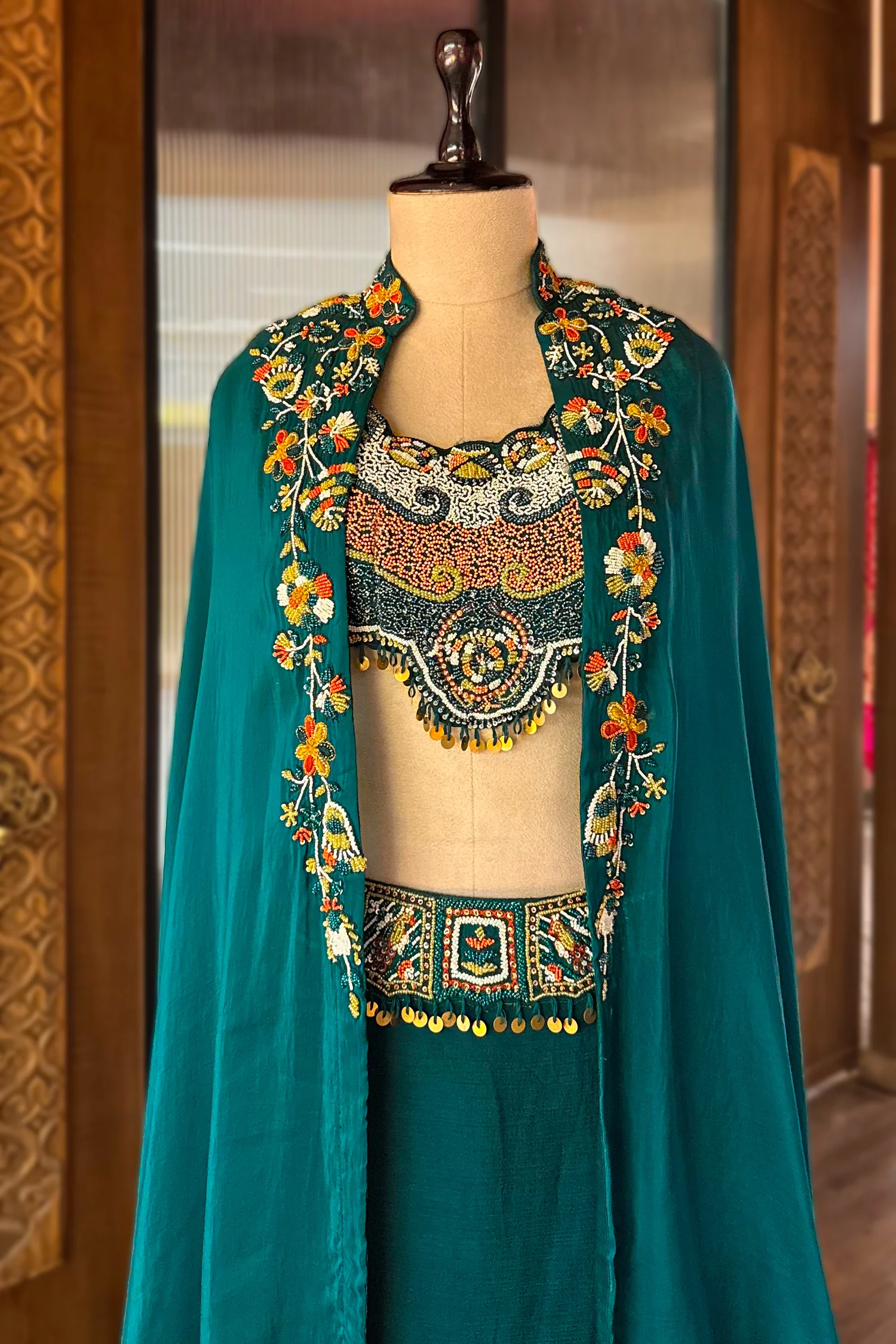Bottle Green Crepe Satin Silk Beaded Crop Top Skirt Set with Jacket - Image 4